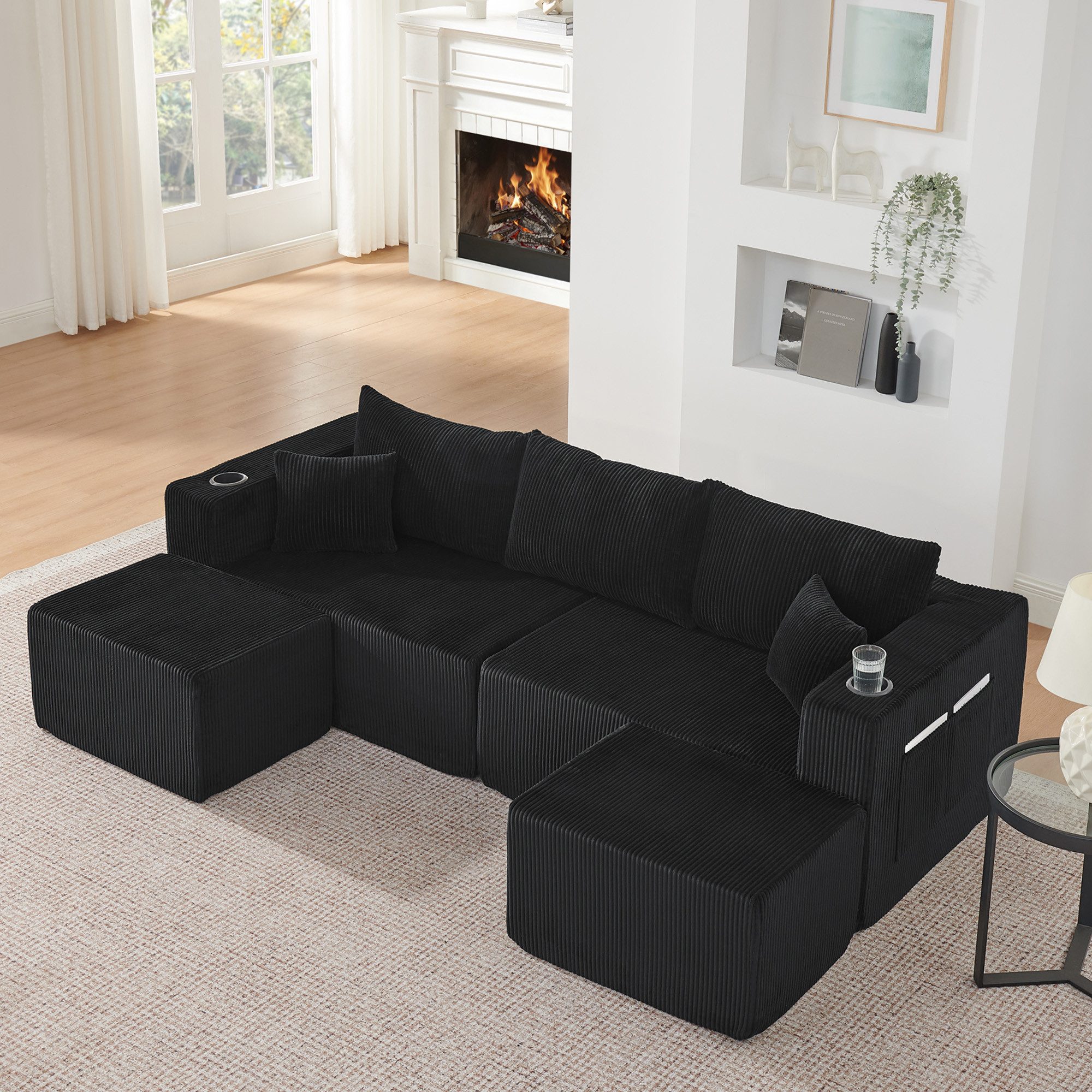 OKWISH Ecksofa Modulares 3-Sitzer Ecksofa mit beweglichen Ottomanen, Inklusive Kissen, schwarz für Wohnzimmer & Hotels 1 Teile, Weicher Cordstoff, Getränkehalter & Seitentasche