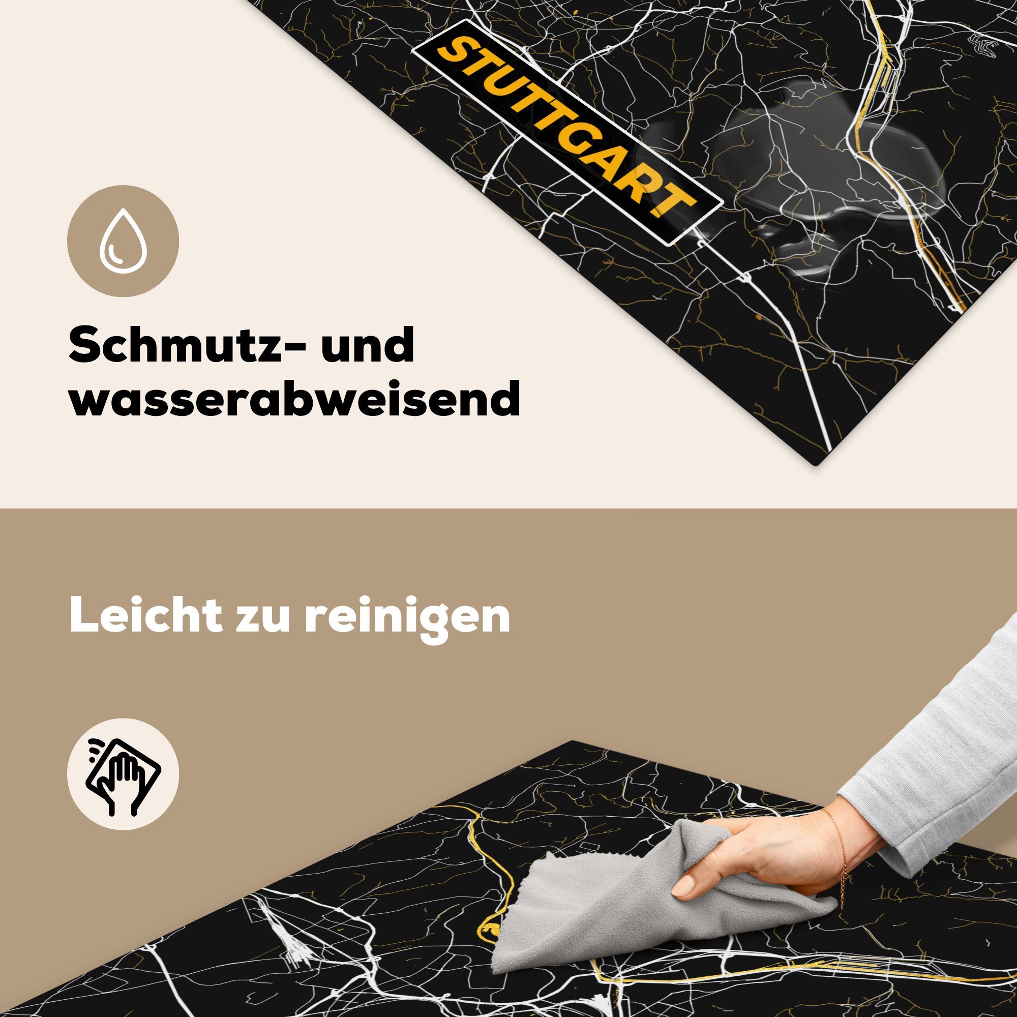 Karte Deutschland, cm, - tlg), Stadtplan (1 Ceranfeldabdeckung, Arbeitsplatte Vinyl, 78x78 Herdblende-/Abdeckplatte küche MuchoWow - - für Gold Stuttgart -