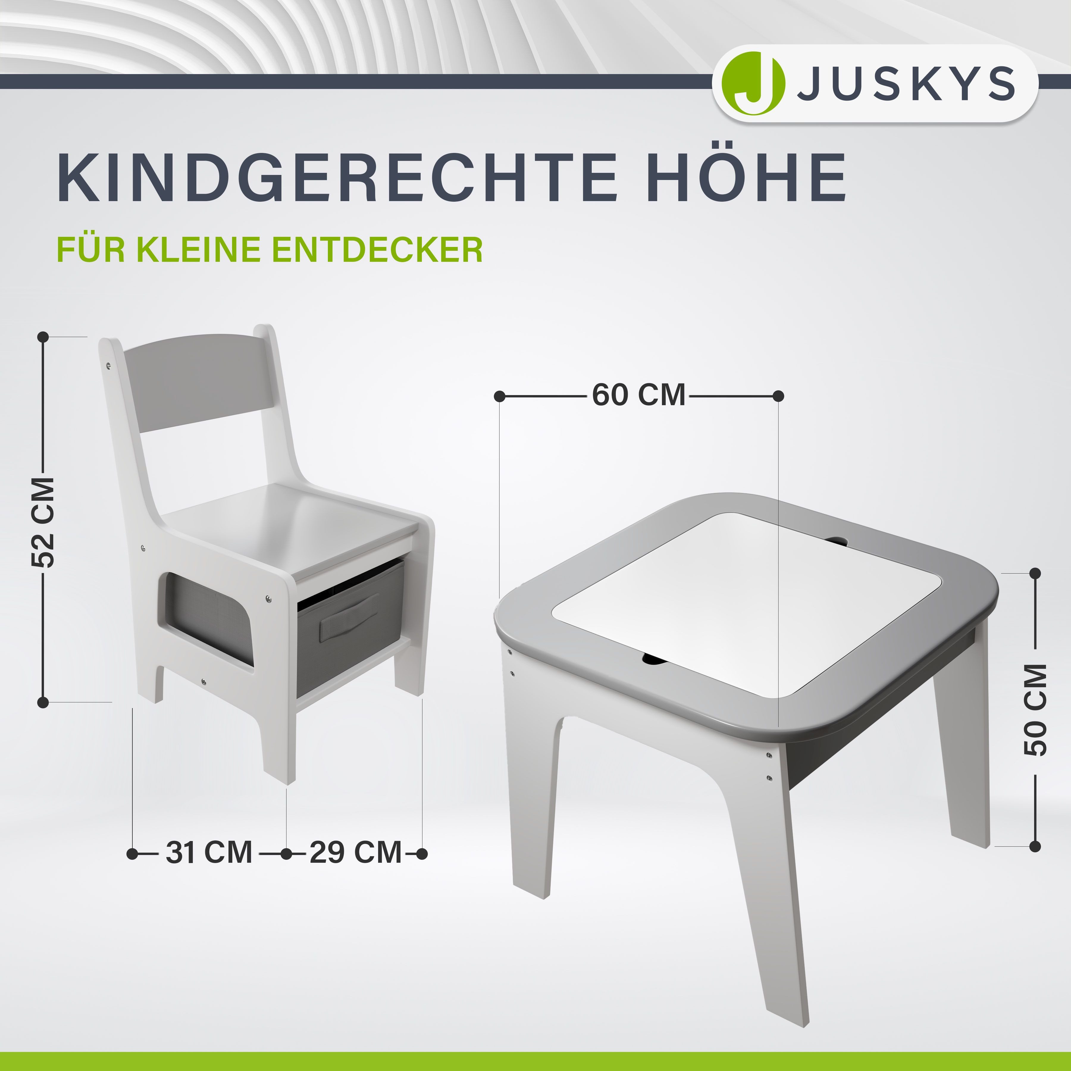 Juskys Kindersitzgruppe Milou, Set mit 2 Stühlen & 1 Tisch, Holz Spieltisch, Stauraum & Wendeplatten