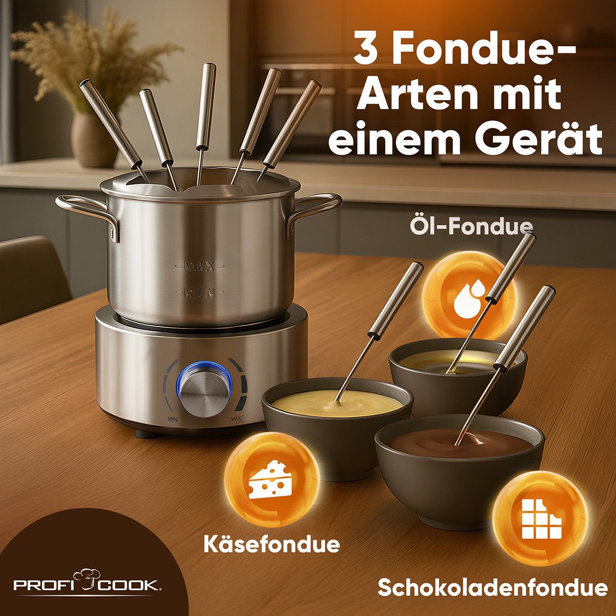 ProfiCook Elektro-Fondue PC-FD 1288, Fondue, Öl-Fondue, Schokofondue und Käsefondue