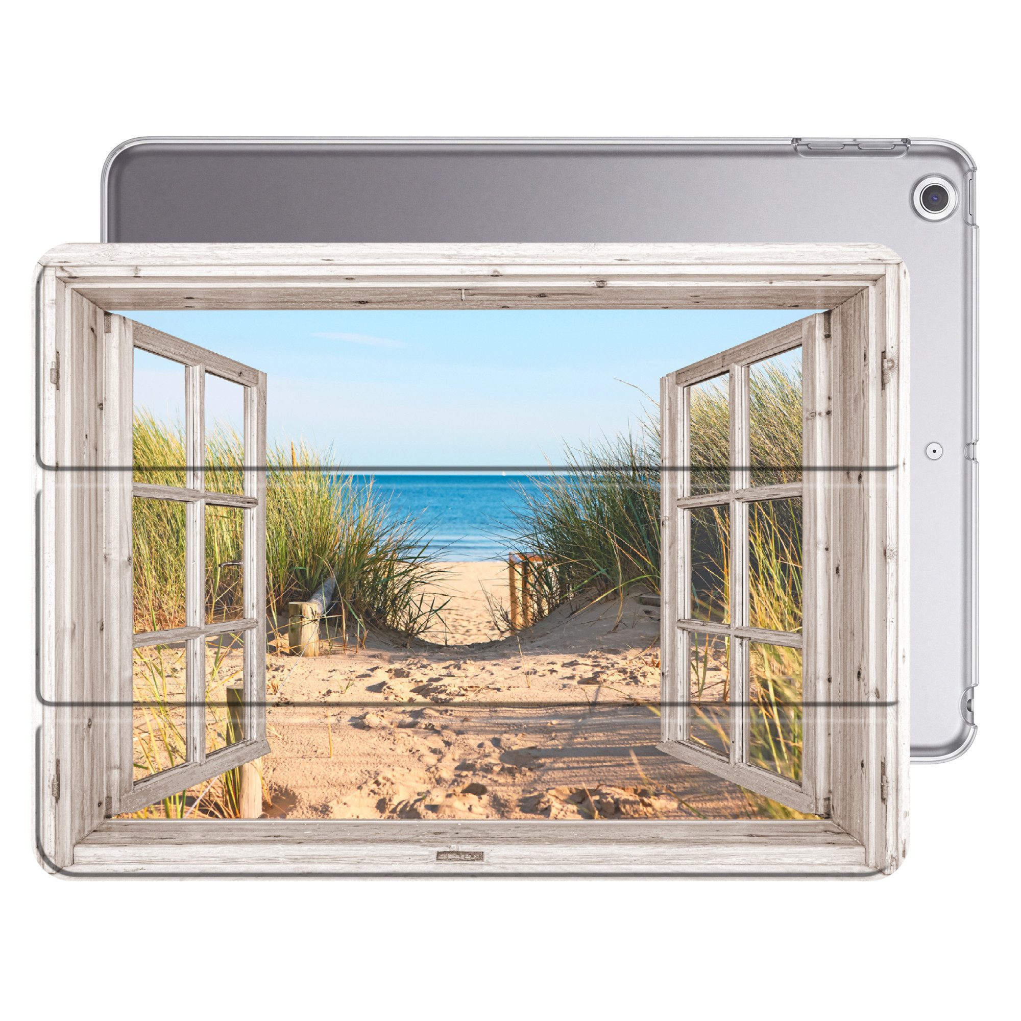 OnlyWow Tablet-Hülle Apple iPad Air 2 Durchblick - Strand - Meer - Dünen - Sand - Wasser -, Smart Case, Auto-Sleep/Wake-Funktion, Stoßfest, Motiv