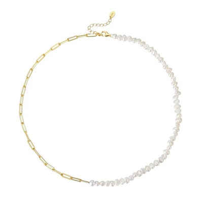 ROUGEMONT Perlenkette Handgefertigte Perlen Halskette 925 Silber 18 K Gold Gliederkette, Echte Zuchtperlen