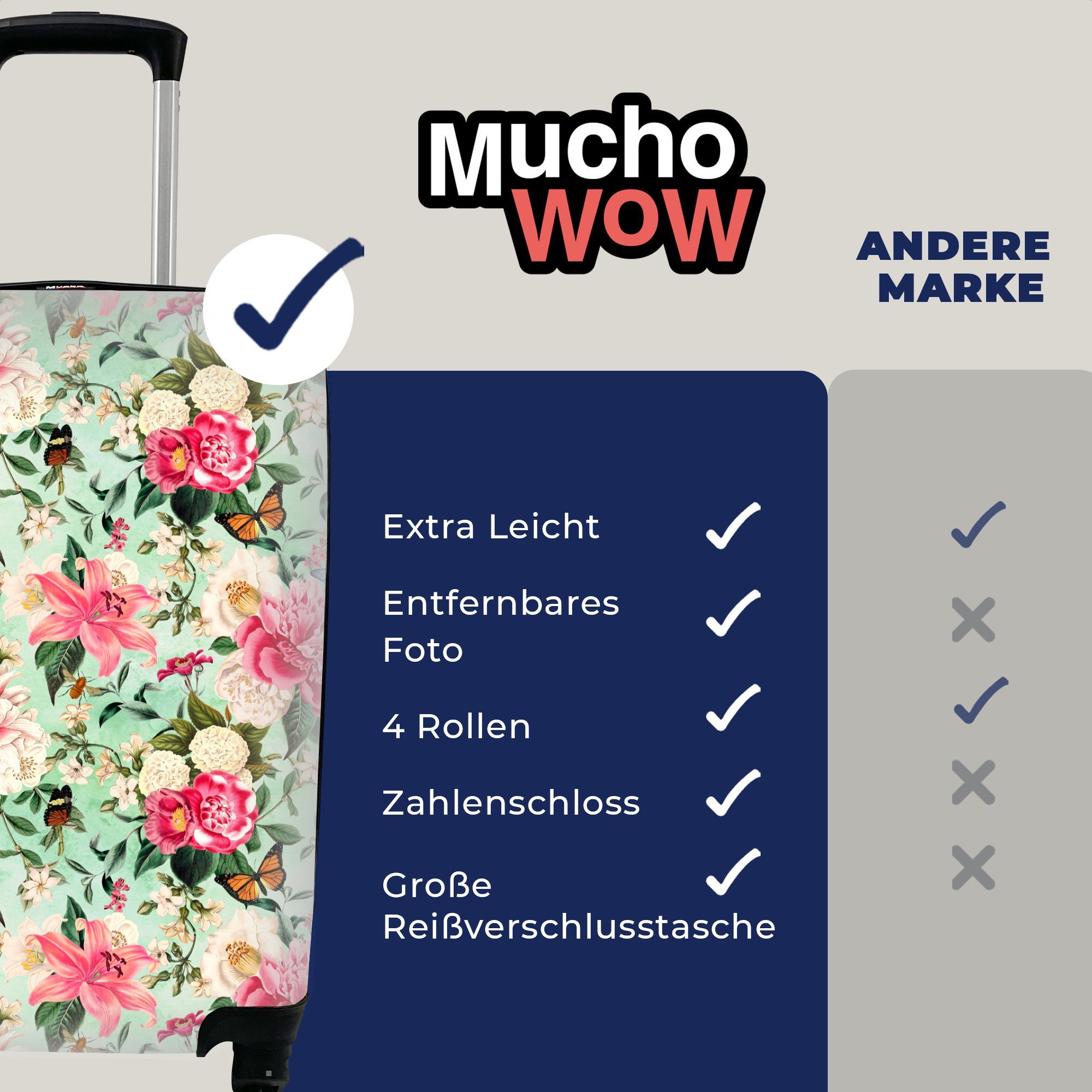 MuchoWow Handgepäckkoffer Blumen - Schmetterling, Reisekoffer rollen, 4 für Trolley, Rosa Rollen, - Reisetasche Handgepäck mit Ferien