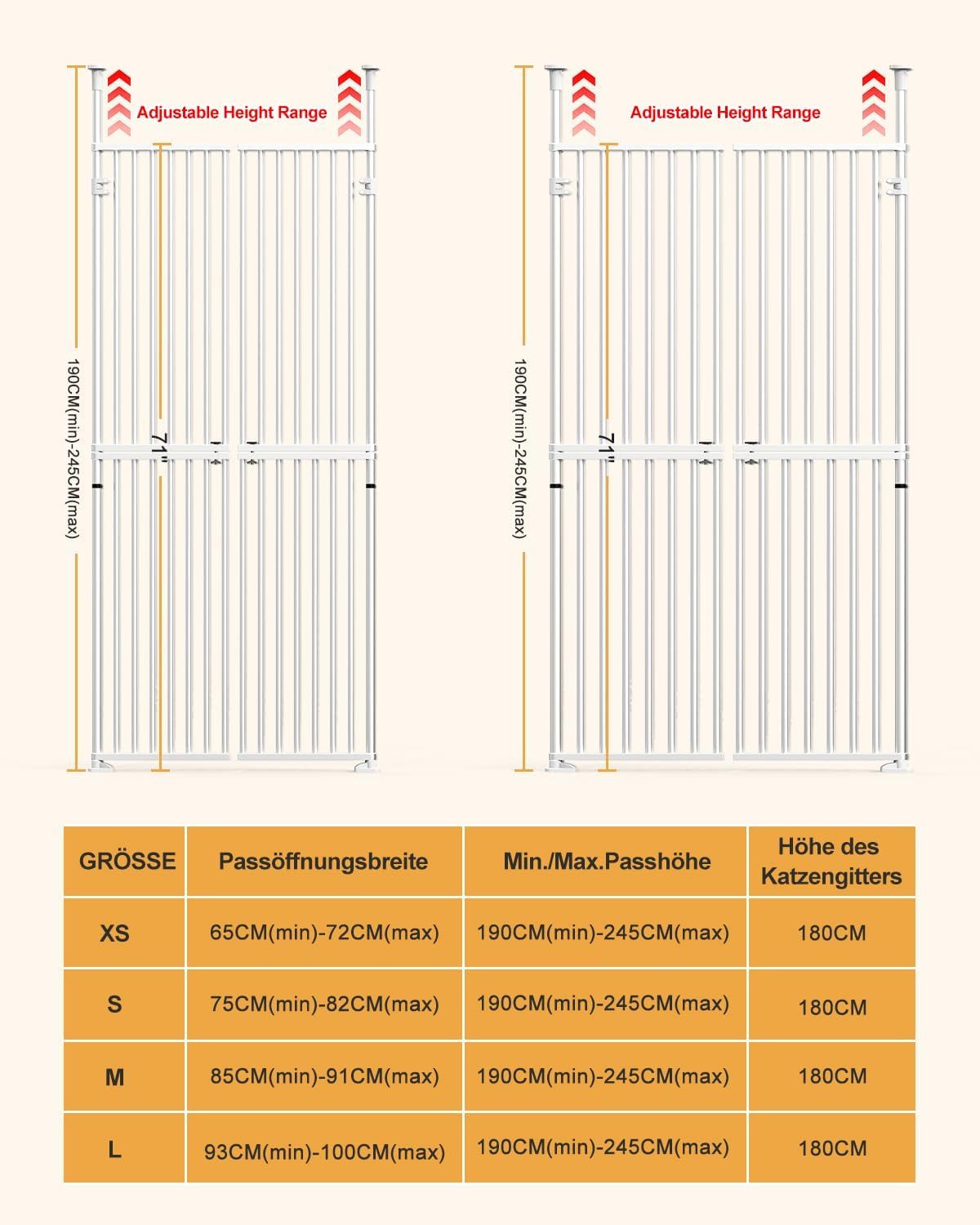 Meulbaty Tierabsperrgitter Extra hohes Katzengitter 180 cm, Katzengitter für Türen ohne Klettern, für 65–72 cm breite Öffnung, kein Bohren, 3,17 cm Rasterabstan – Bild 4 von 5