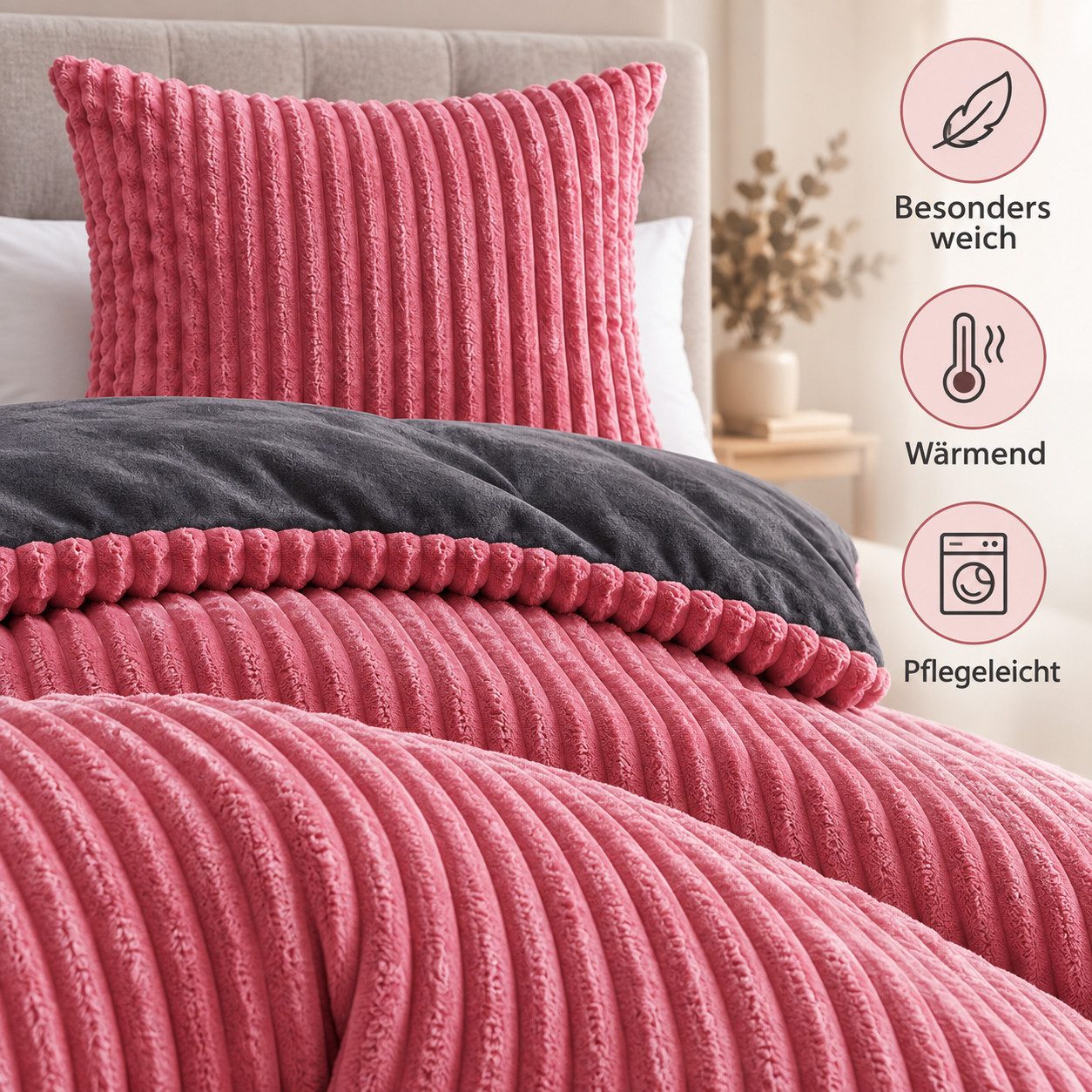 Leonado Vicenti Bettwäsche Teddyplüsch Cord Optik, Fleece, 2 teilig, extra warm und kuschelig, Winterbettwäsche Cashmere Touch – Bild 5 von 5