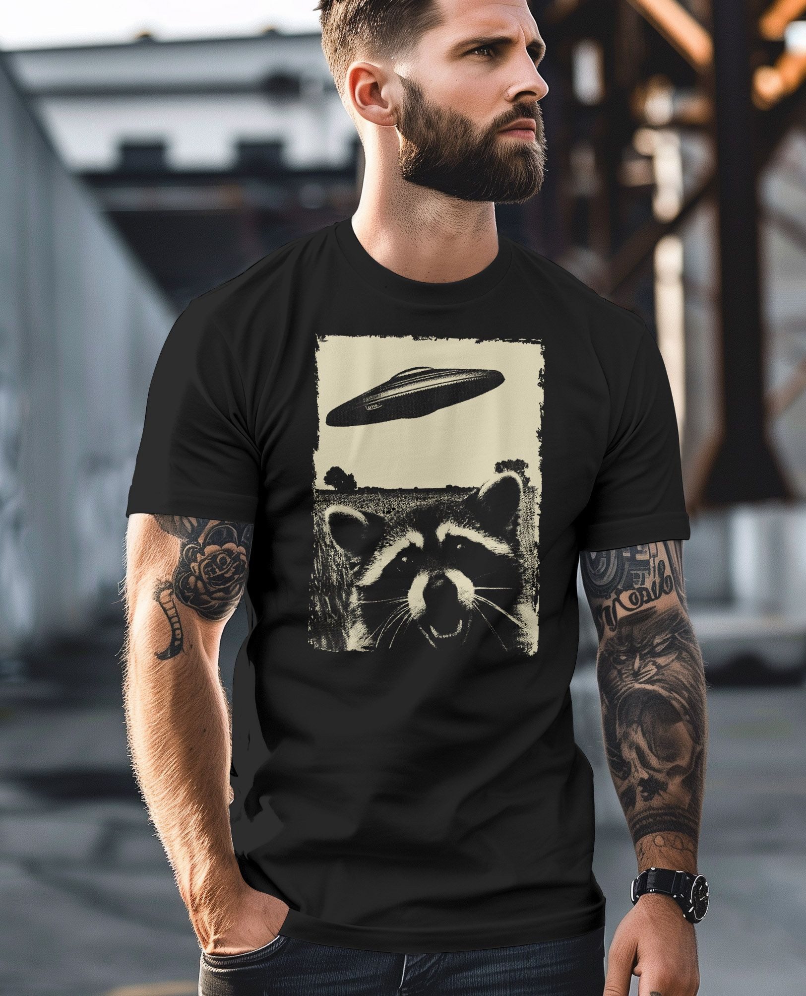 Neverless Print-Shirt Herren T-Shirt UFO Waschbär Aliens Fotodruck Printshirt Frontprint mit Print