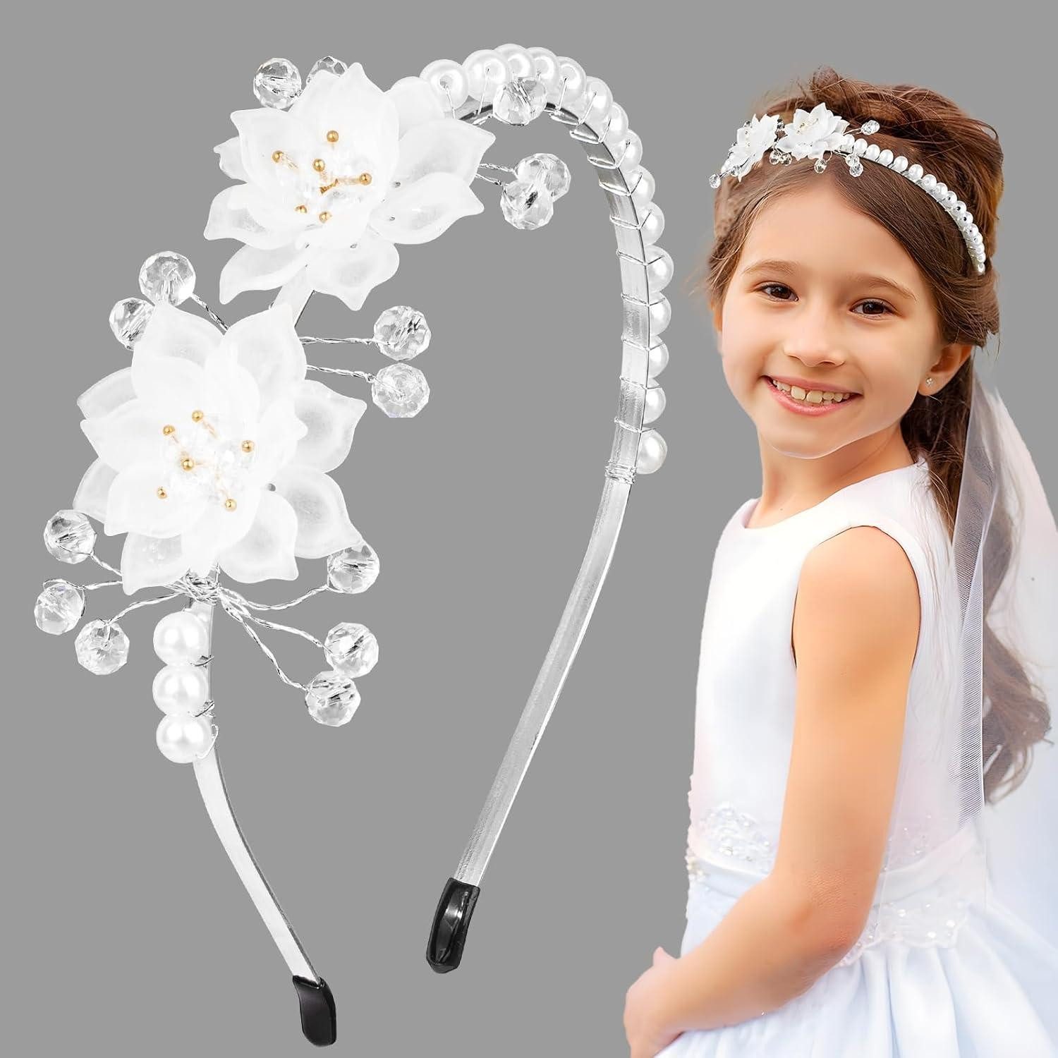 LuxusKollektion Haarreif Haarreif für Mädchen Kommunion Taufe Blumen Hochzeit Weiß 3D Blüten