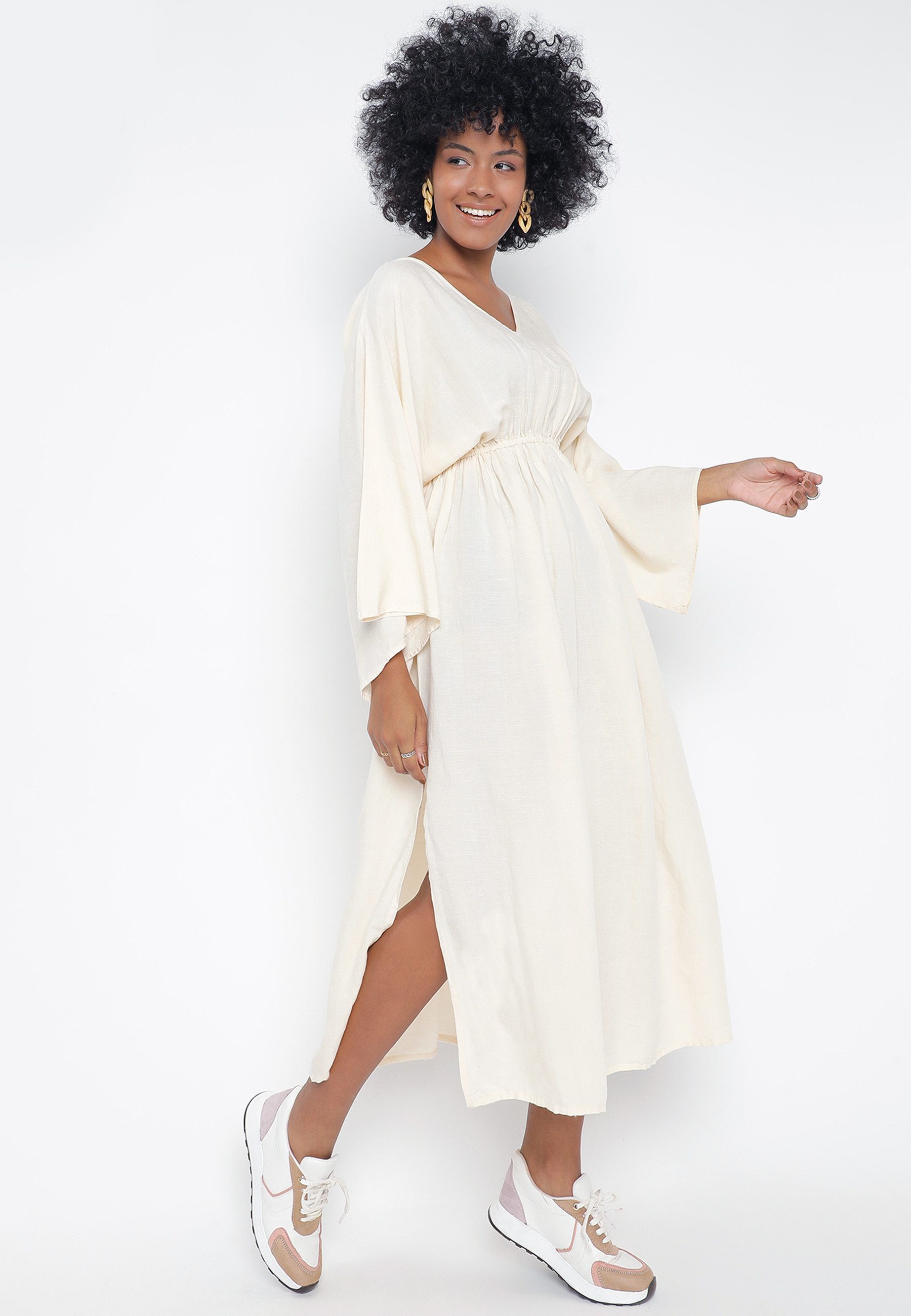 YC Fashion & Style Sommerkleid Damen Leinen mit V-Ausschnitt und Kimono-Ärmeln in Unifarbe