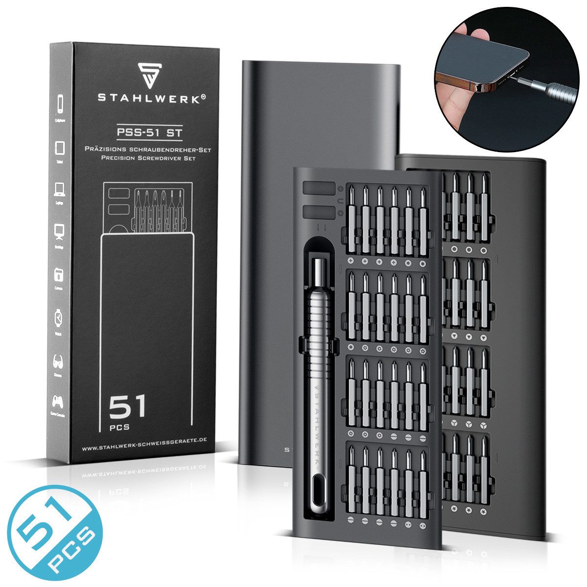 STAHLWERK Bit-Set Präzisions Schraubendreher Set 51-tlg Feinmechanik Schraubenzieher, Set, 1-St.