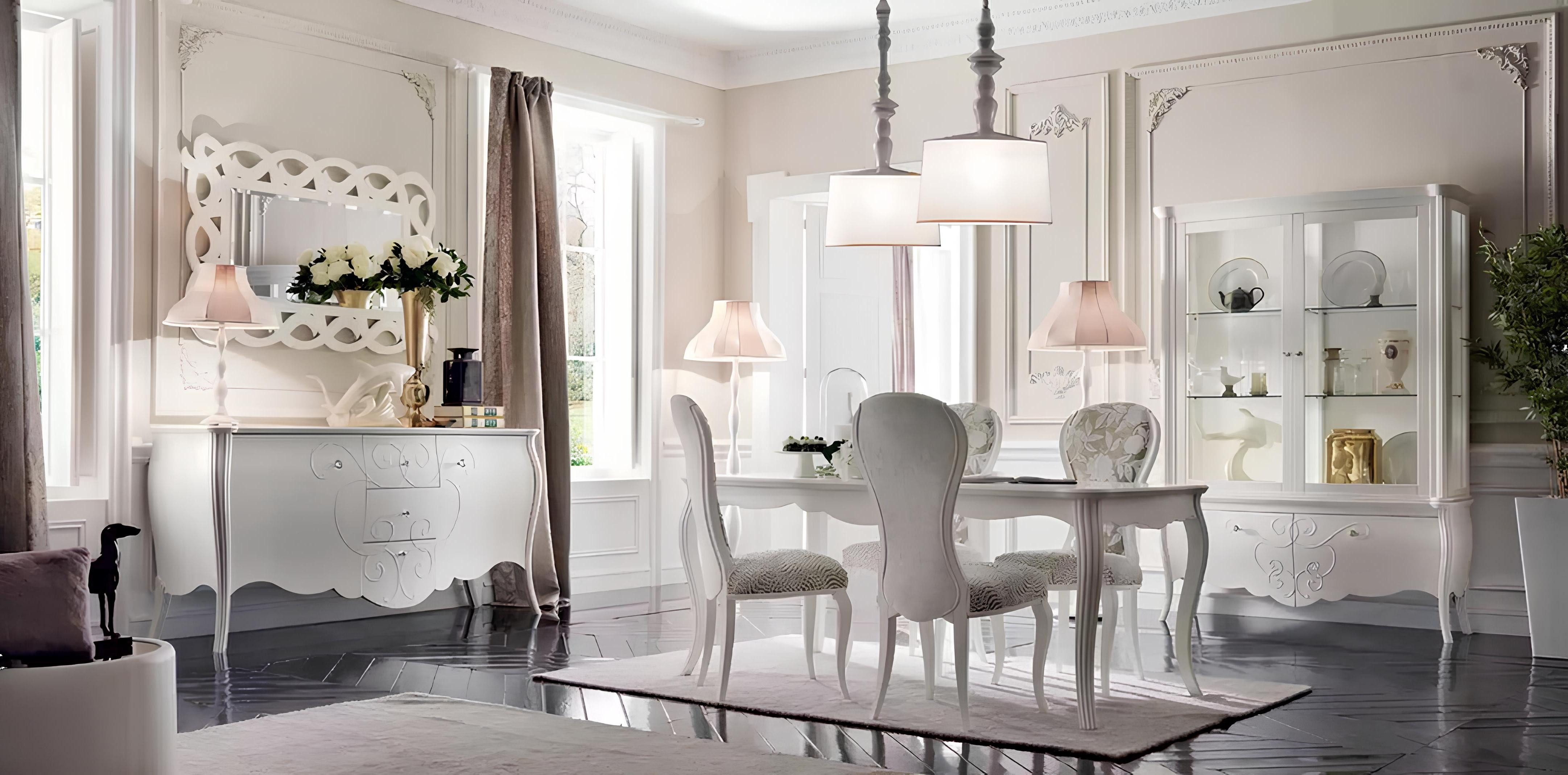 Xlmoebel Sideboard Elegantes Esszimmer-Set in Weiß mit Tisch, Stühlen und Sideboard (Esszimmer-Set, 8 St., Set 8 tlg. (Esstisch+4x Stühle+Vitrine+Sideboard+Spiegel), Hergestellt in Europa