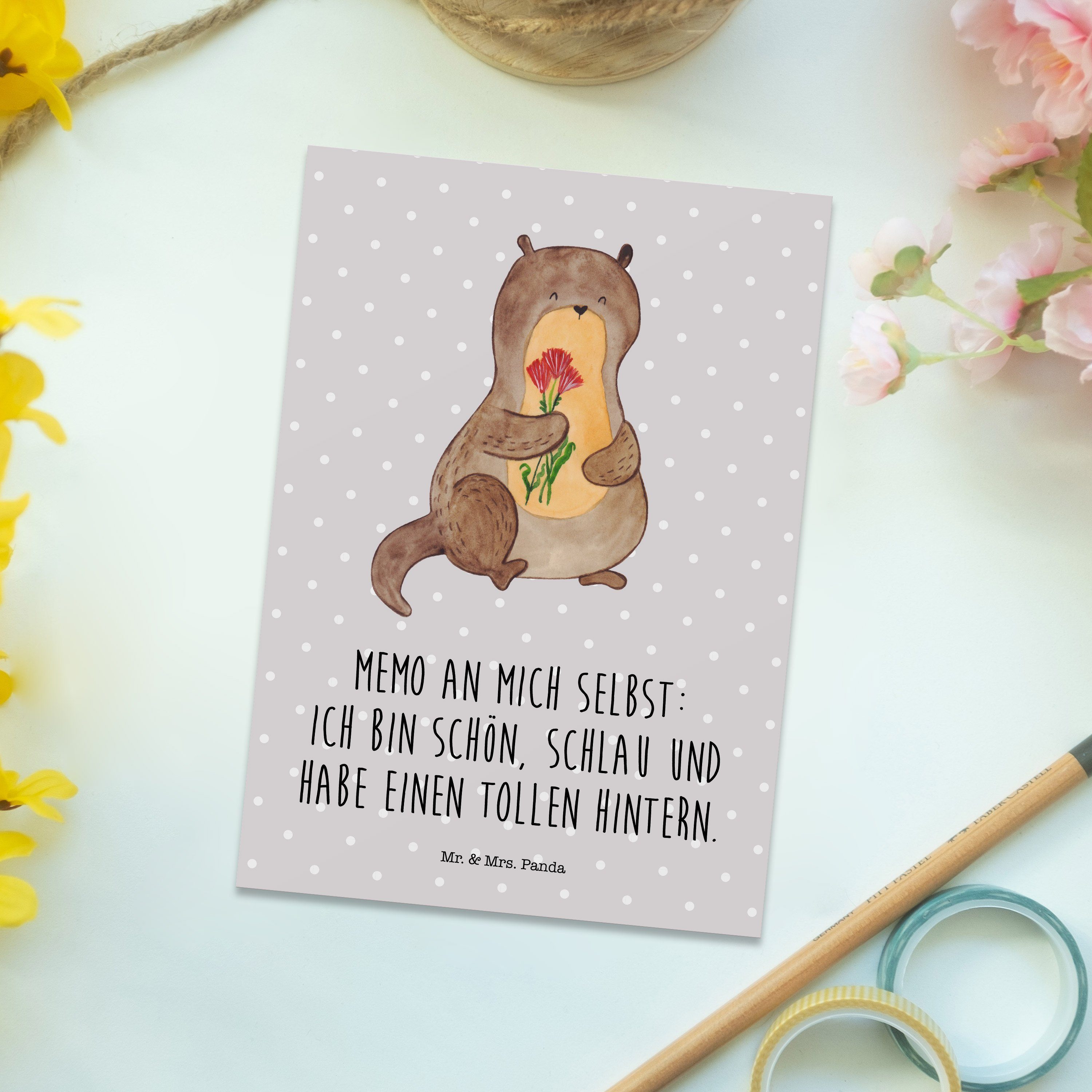 - Dankeskarte, Postkarte Pastell Mr. & Otter Mrs. - Geschenk, Panda Blumenstrauß niedlich Grau