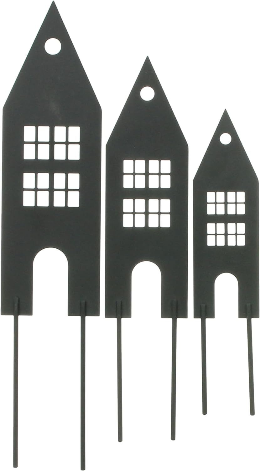 Dekoleidenschaft Gartenstecker "Haus" aus Metall, mattschwarz, 20 + 25 + 30 cm hoch, Dekostecker (3-St., im Set) Blumenstecker, Pflanzenstecker, Metallstecker, Stecker für Blumentopf