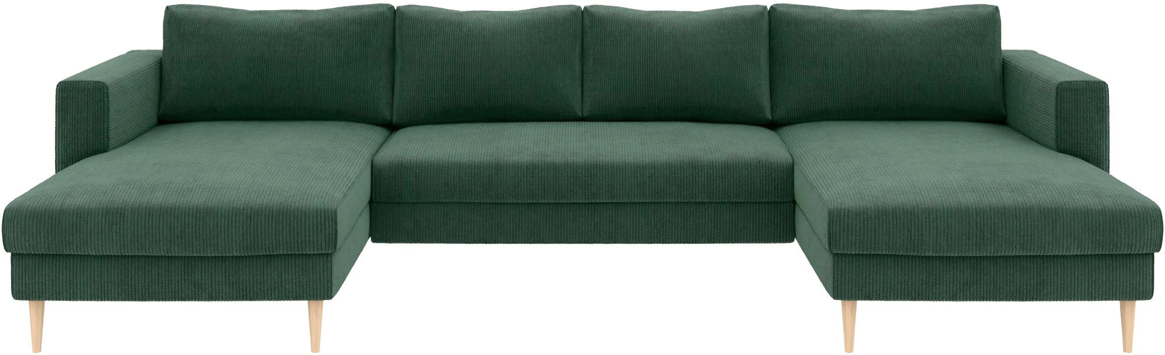 TRENDMANUFAKTUR Wohnlandschaft Amazing, wahlw. mit Schlaffunktion & Bettkasten, Fuß Buche lackiert, Sofa in U-Form, in Cord oder Struktur, Breite 305 cm