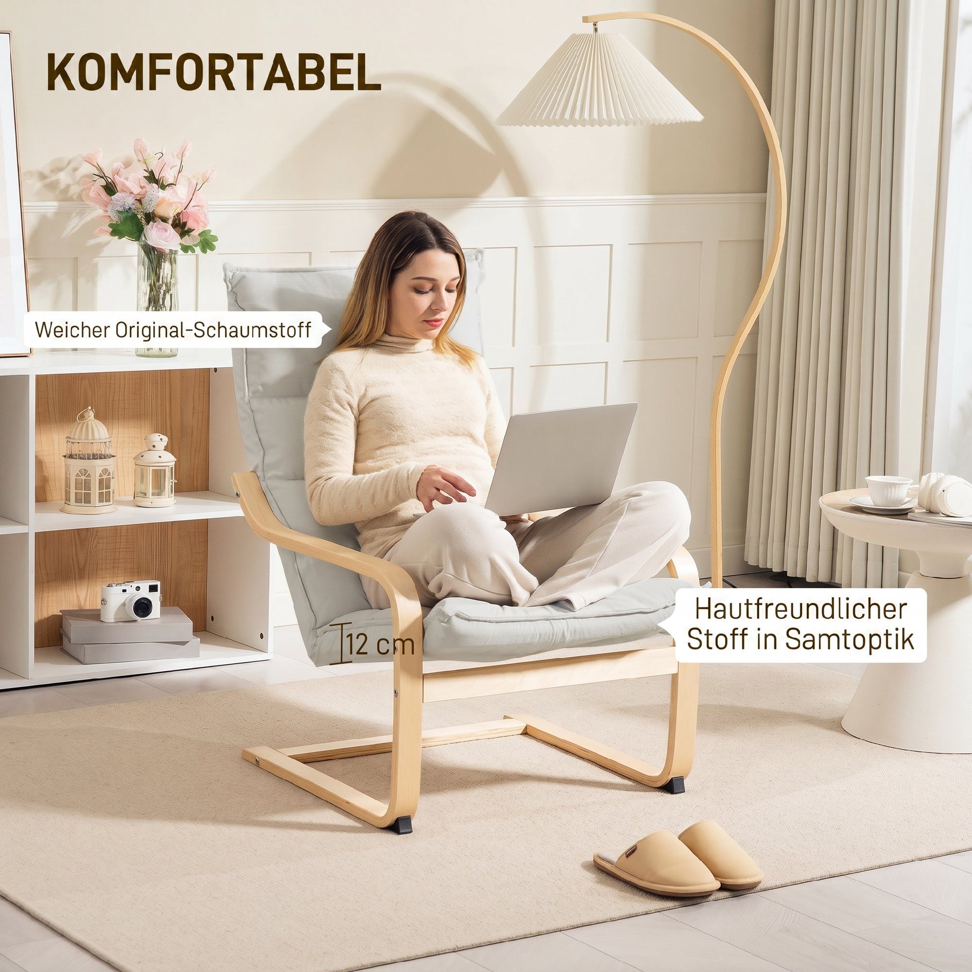 HOMCOM Relaxsessel Sessel Polestersessel mit geschwungene Birkenholzbeine (Set, 1-St., 1), Sanfte Wippbewegung, hoher Rücken, Samtbezug – Bild 4 von 5