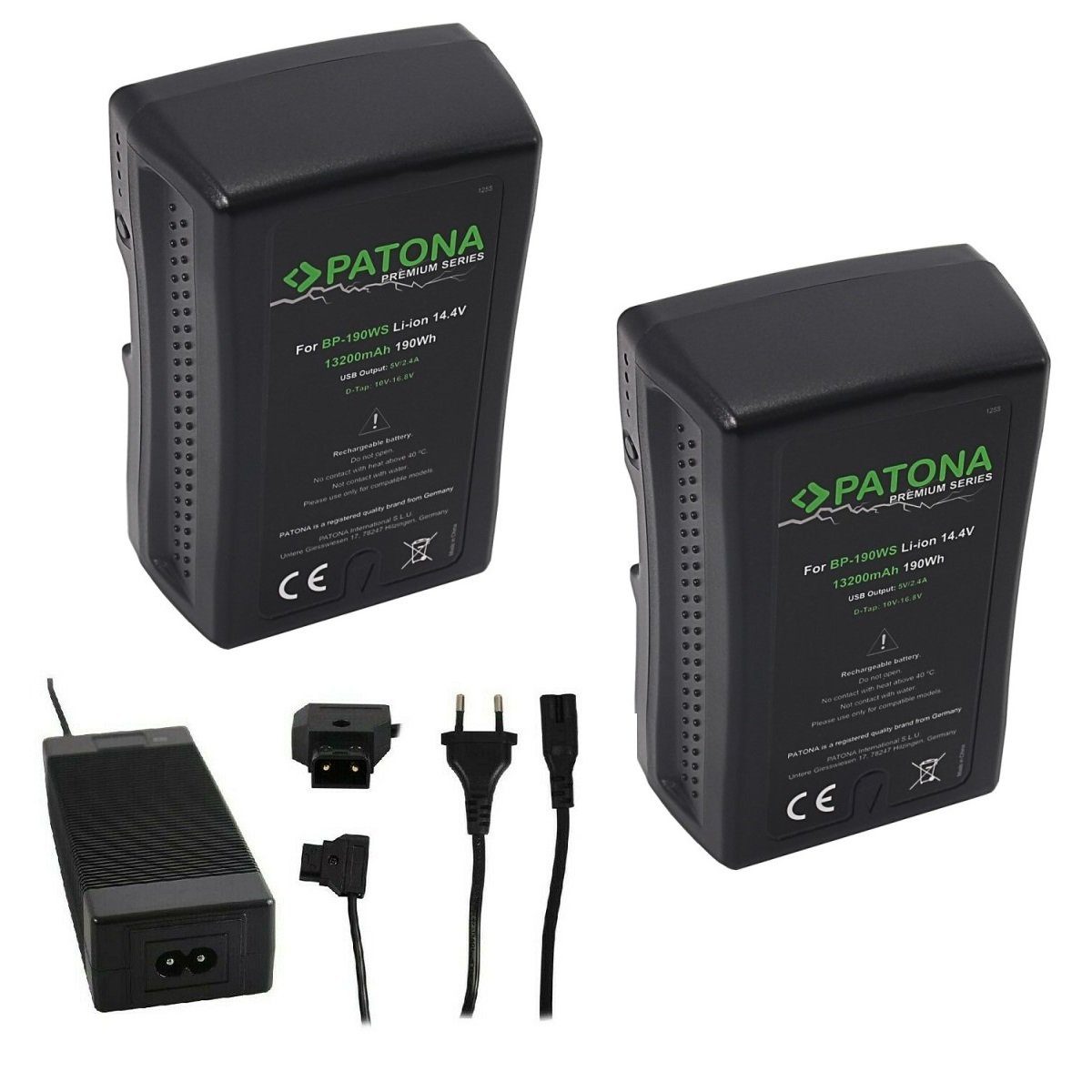 Patona 2x Akku V-Mount 190Wh für Sony BP190WS + Ladegerät Kamera-Akku Ersatzakku Kameraakku 13200 mAh (14,4 V, 1 St), BP150w DSR 250P 600P 650P 652P