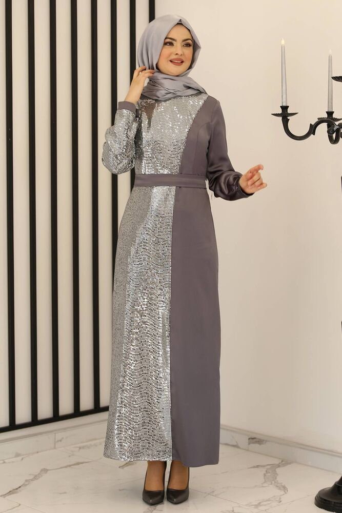Modavitrini Paillettenkleid Damen Abendkleid silbernes Kleid Hijabmode Modest Fashion Abiye Pailletten, Silber Anthrazit
