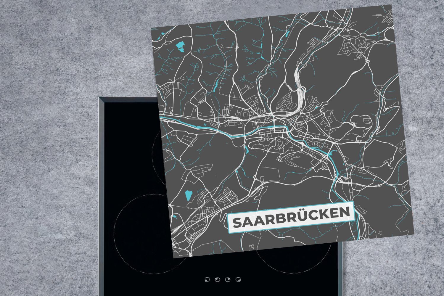 cm, 78x78 - Vinyl, - Stadtplan Arbeitsplatte küche Karte (1 tlg), - Herdblende-/Abdeckplatte Deutschland - MuchoWow Ceranfeldabdeckung, für Saarbrücken, Blau