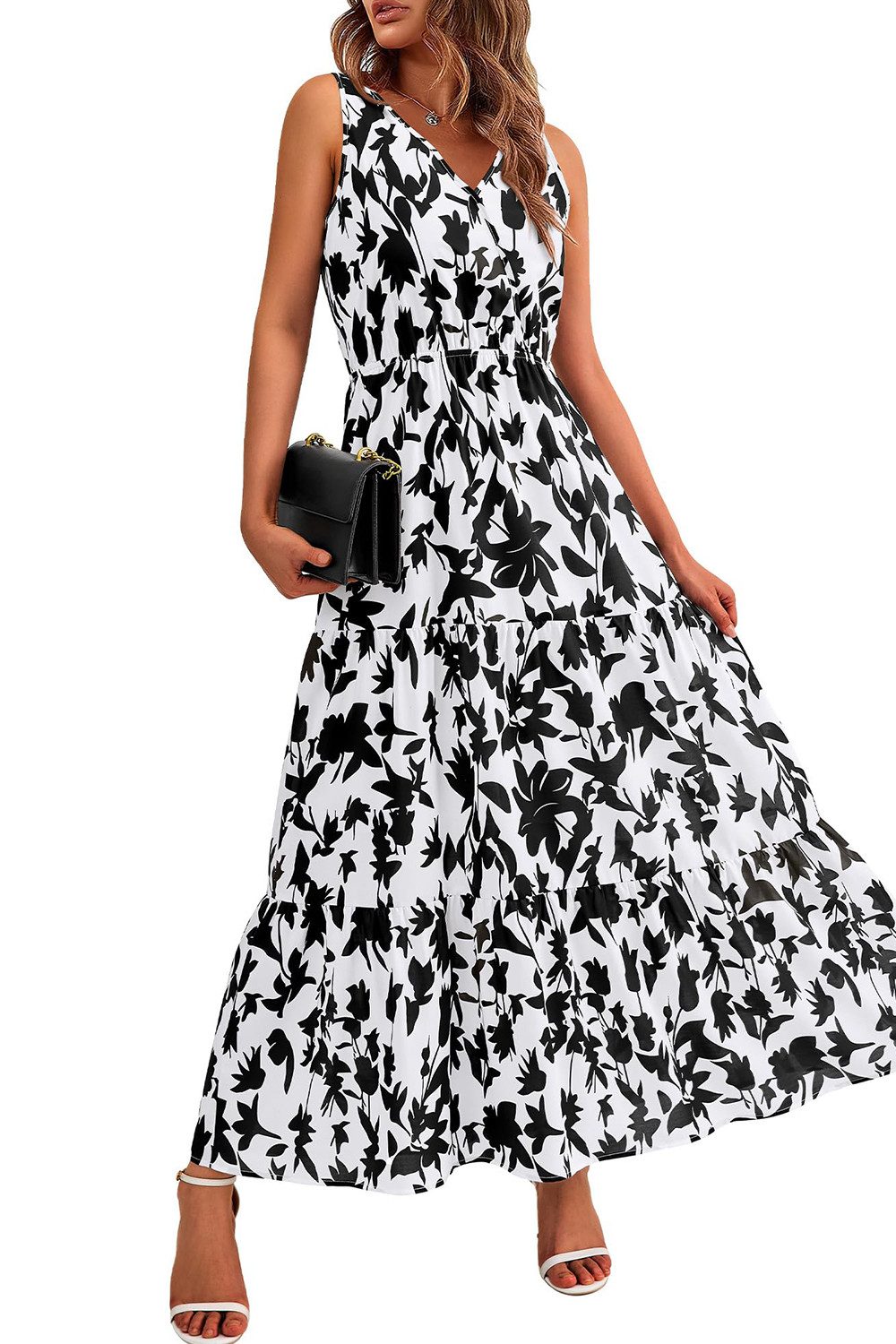 B.X Maxikleid Damen Lässiges bedrucktes, ärmelloses Sommerkleid,A-Linien-Kleid Partykleid,Süßes langes Kleid mit Blumenmuster für Hochzeitsgäste