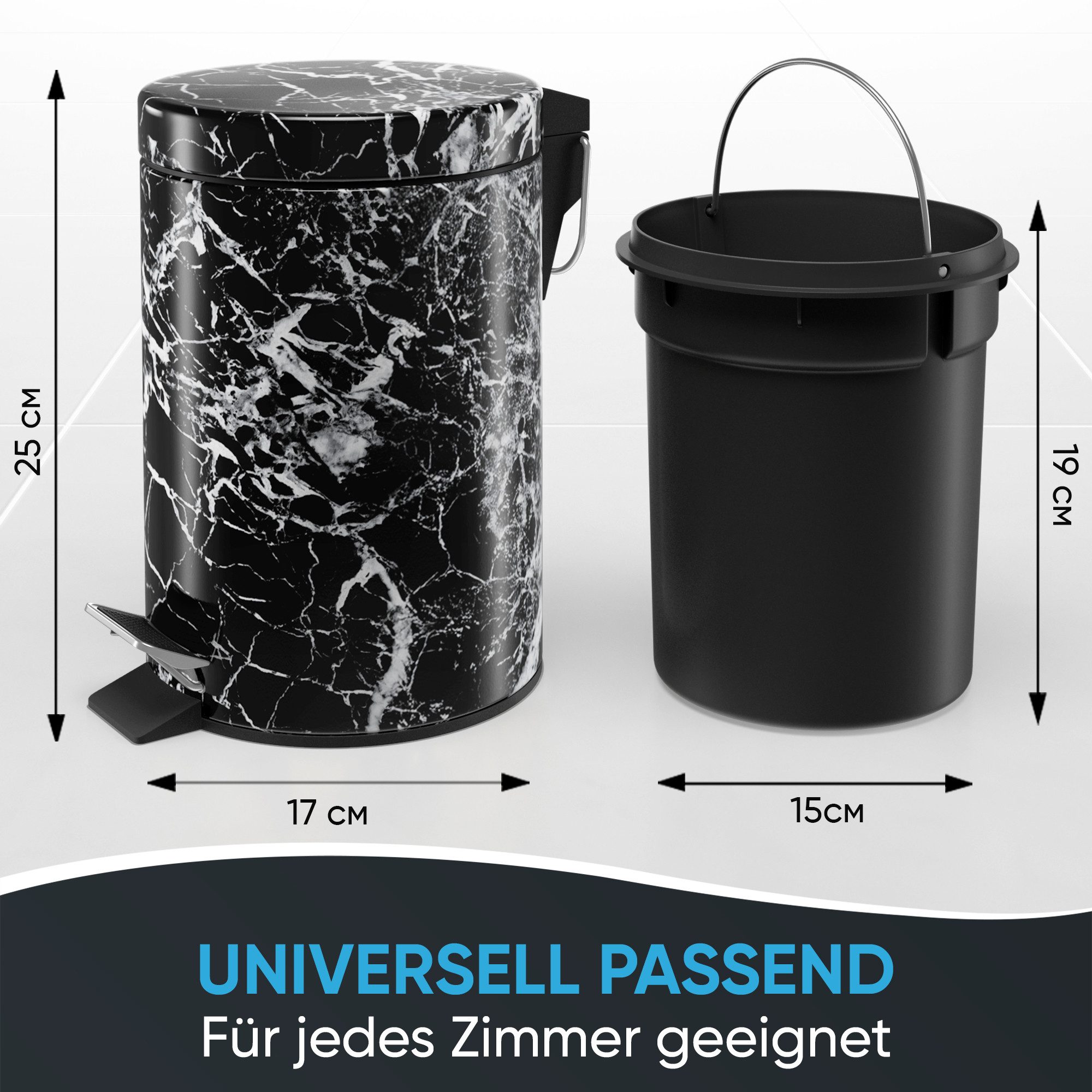 Sanilo Kosmetikeimer Marmor Schwarz, 3 Liter, Bad Mülleimer mit Absenkautomatik & Innenbehälter