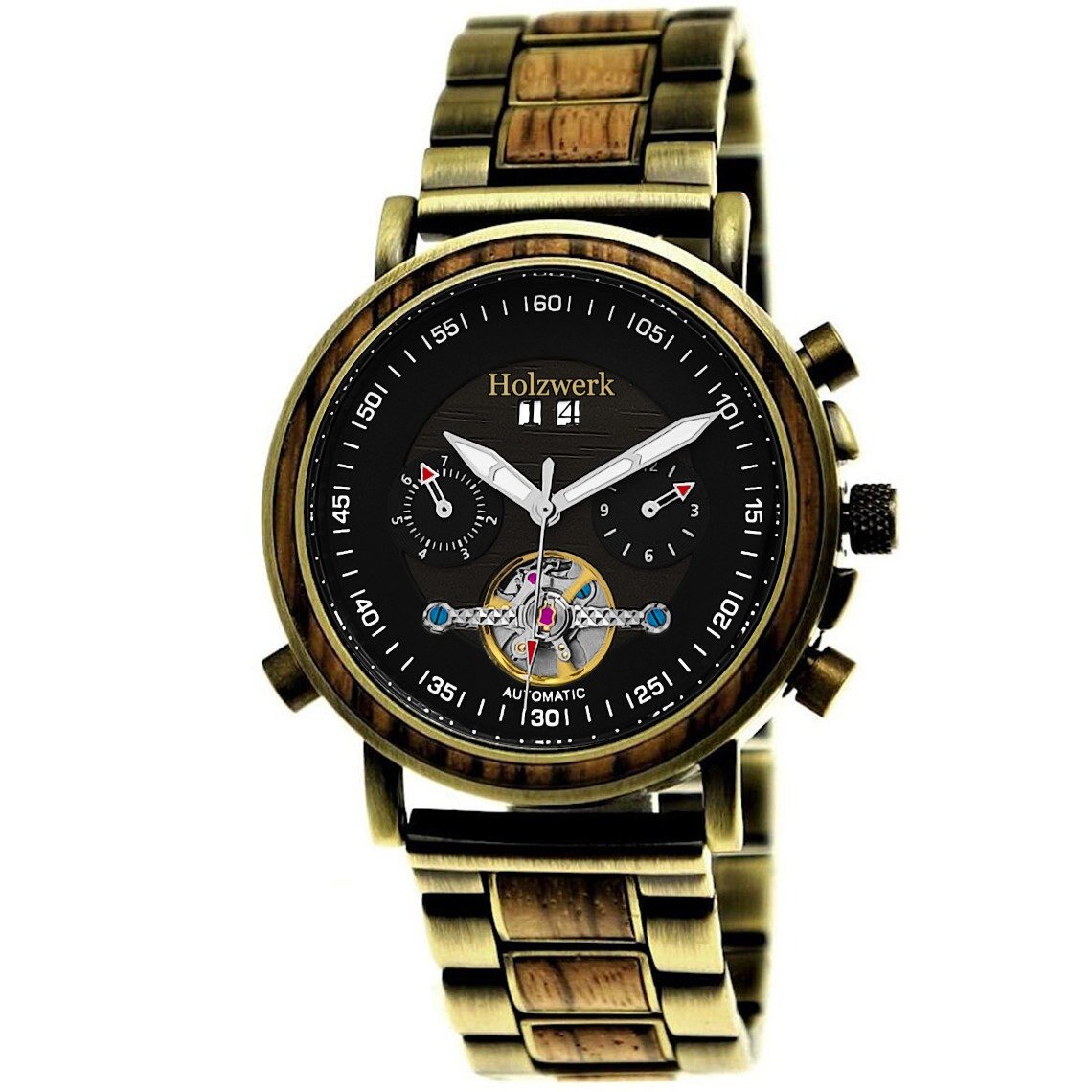 Holzwerk Automatikuhr Herren Edelstahl & Holz Armband Uhr mit Datum, (inklusive Armbandkürzer), Holz Unikate, ideal auch als Geschenk, Automatik, offene Unruhe