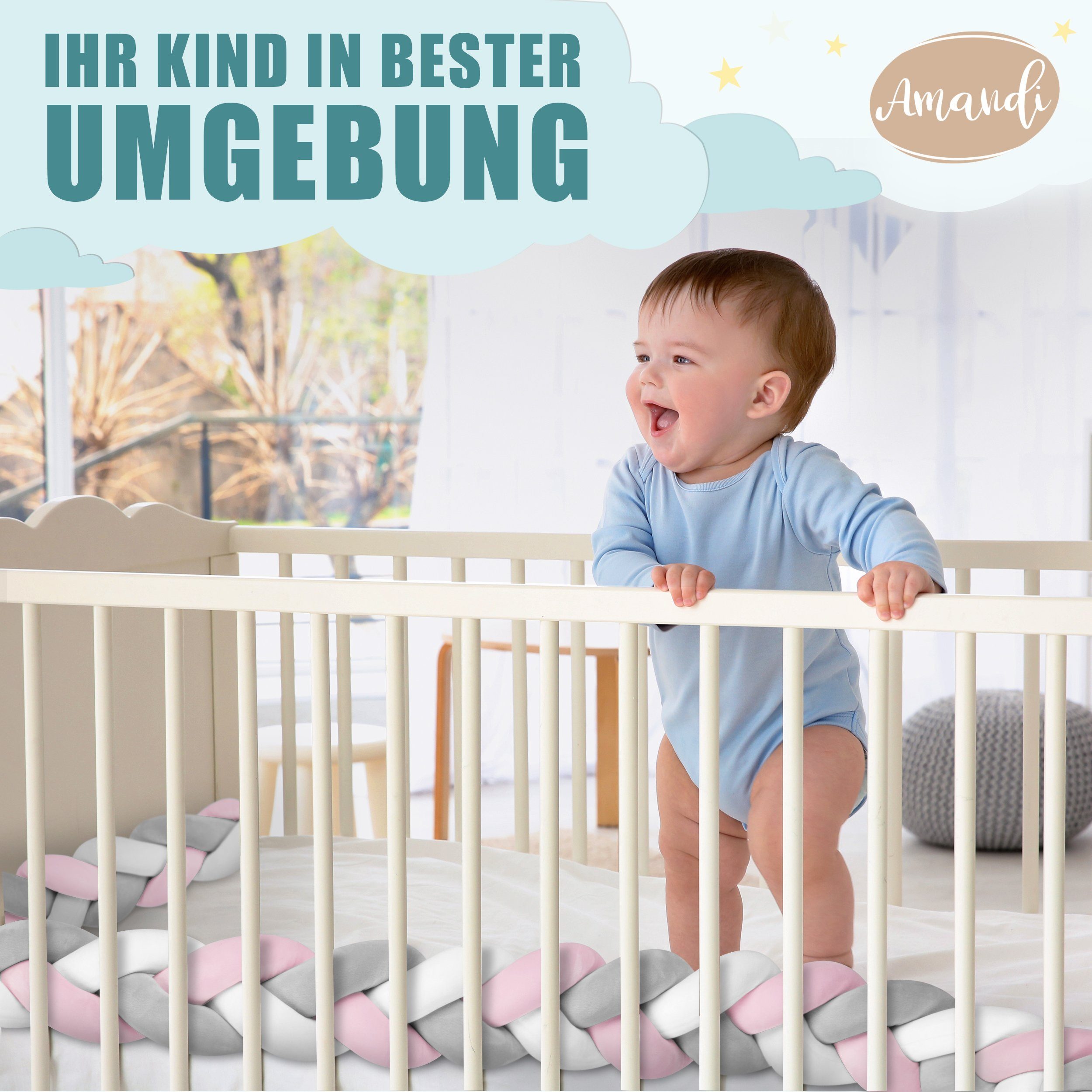 Möbel Babymöbel Amandi Bettnestchen Amandi Bettschlange – Bettumrandung Babybett – Länge 2m – Öko Tex Qualität – Nestchen Baby –