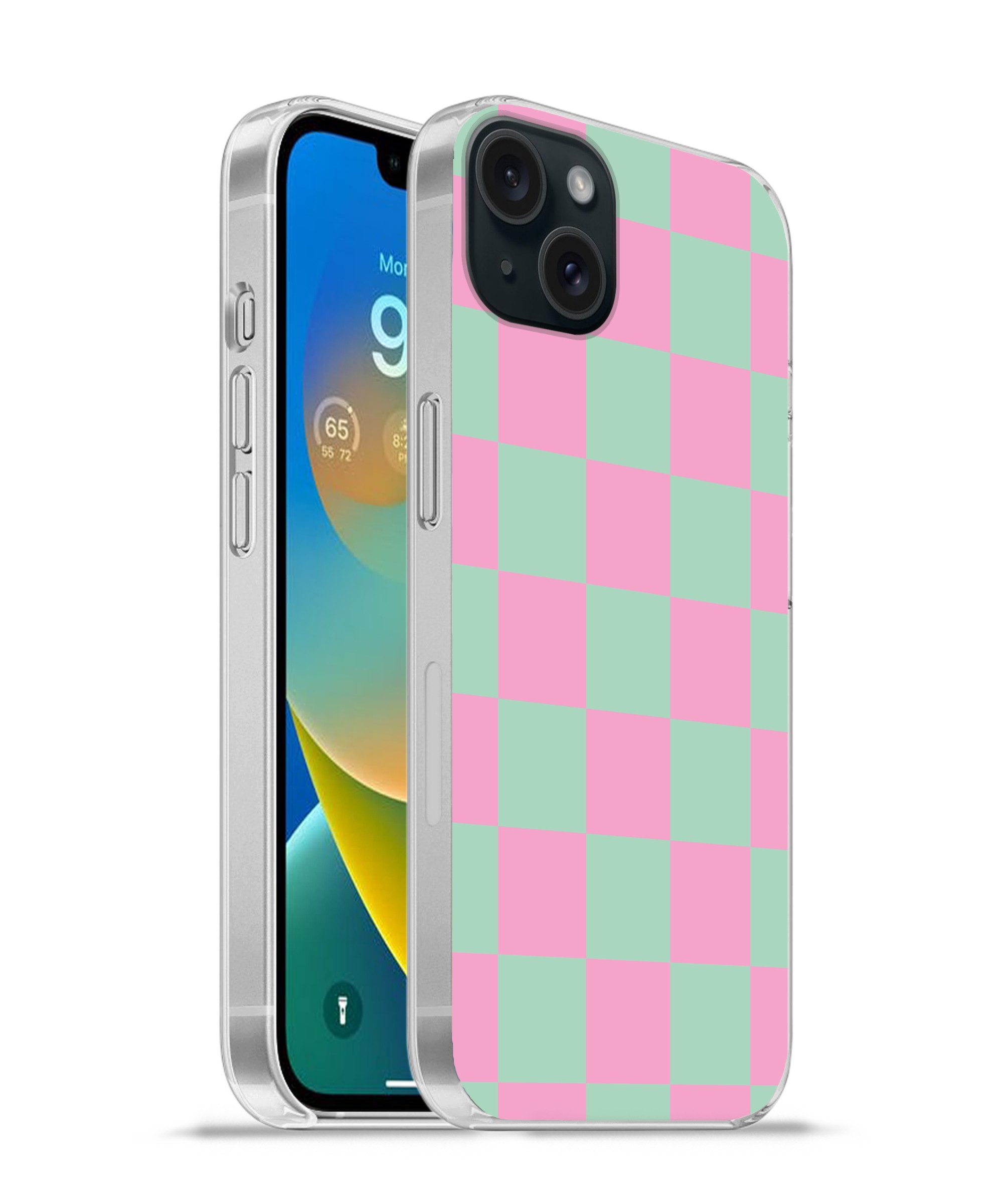 MuchoWow Handyhülle für Apple iPhone 15 Plus Schachbrettmuster - Grün - Rosa - Würfel, Smartphone-Bumper, Print, Handy Schutzhülle Dünn