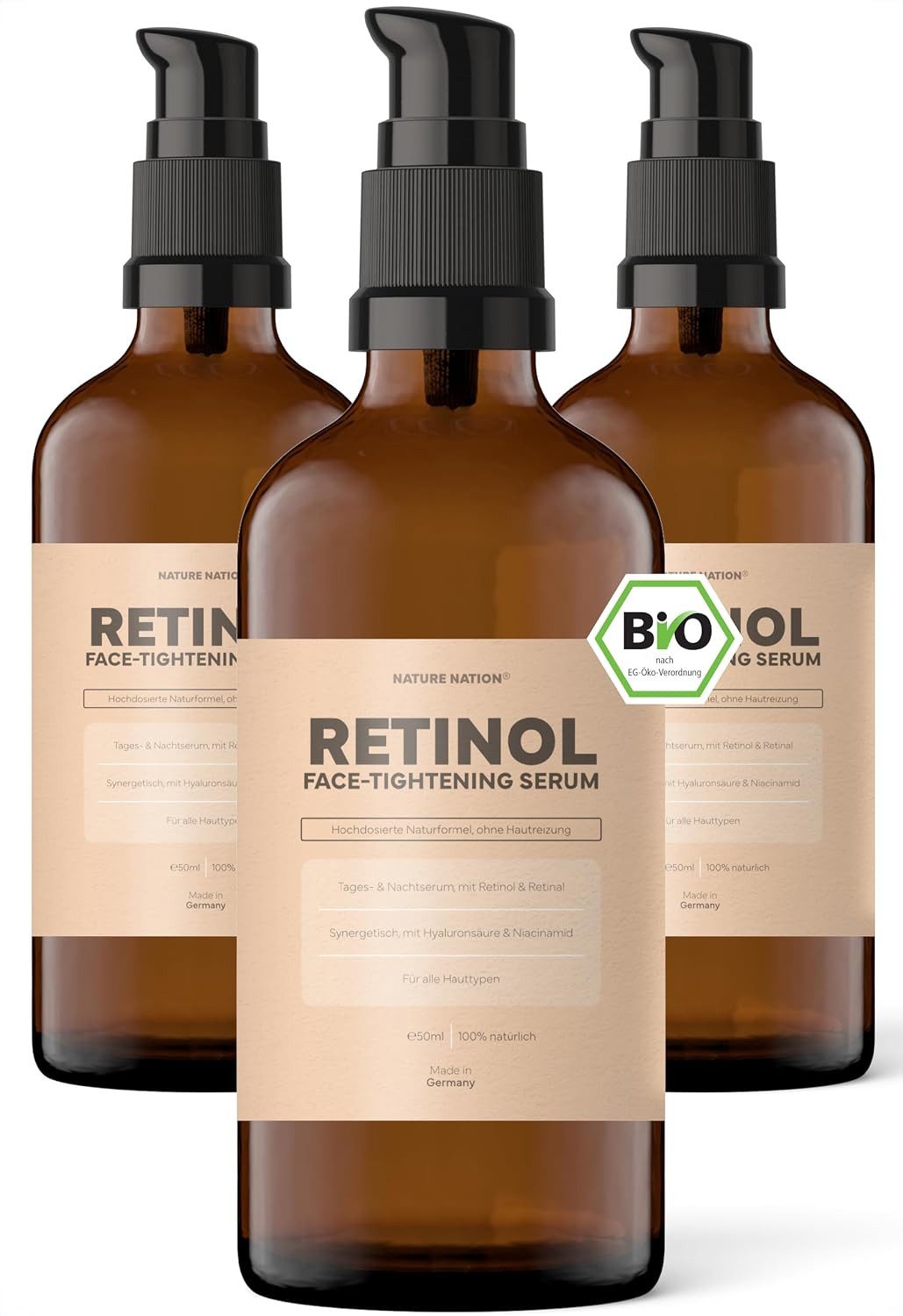 NATURE NATION Anti-Falten-Serum Retinol Serum 2% hochdosiert + Bakuchiol, Retinal & Niacinamid, vegan, 3-tlg., Anti-Aging Serum für Falten & unebenmäßiges Hautbild