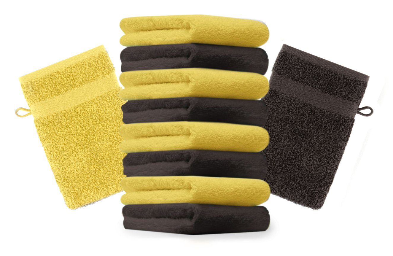 Betz Set Farbe gelb und 100% 10 Stück (10-tlg) Dunkelbraun 16x21 cm Premium Waschhandschuhe Waschlappen Waschhandschuh Baumwolle