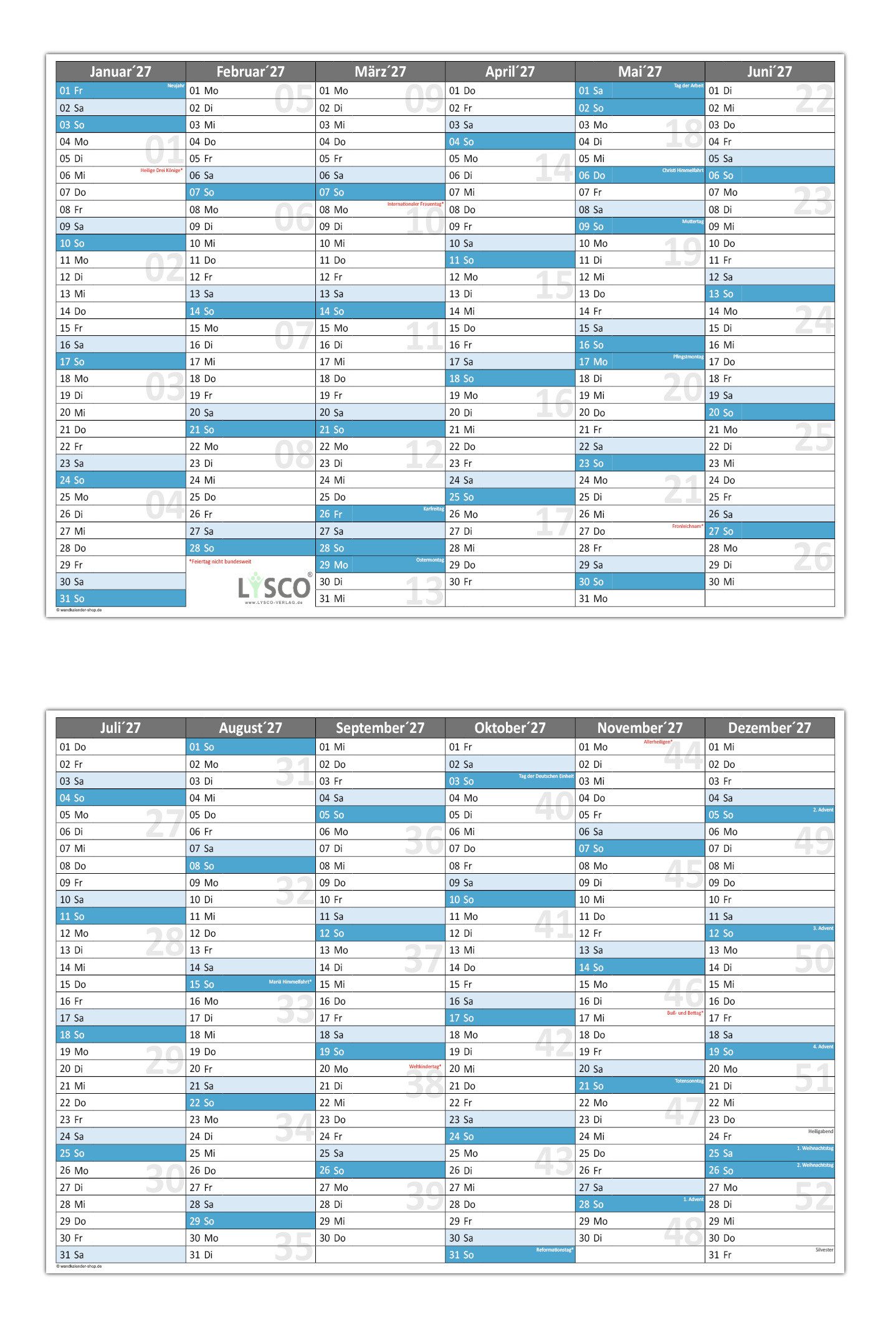 LYSCO Tischkalender Tafelkalender 2027 DIN A3 / A4 / A5 - 300g Papier, Tafelkalender für das Jahr 2027 in verschiedenen Stückzahlen und Formaten, sehr gut beschreibbar