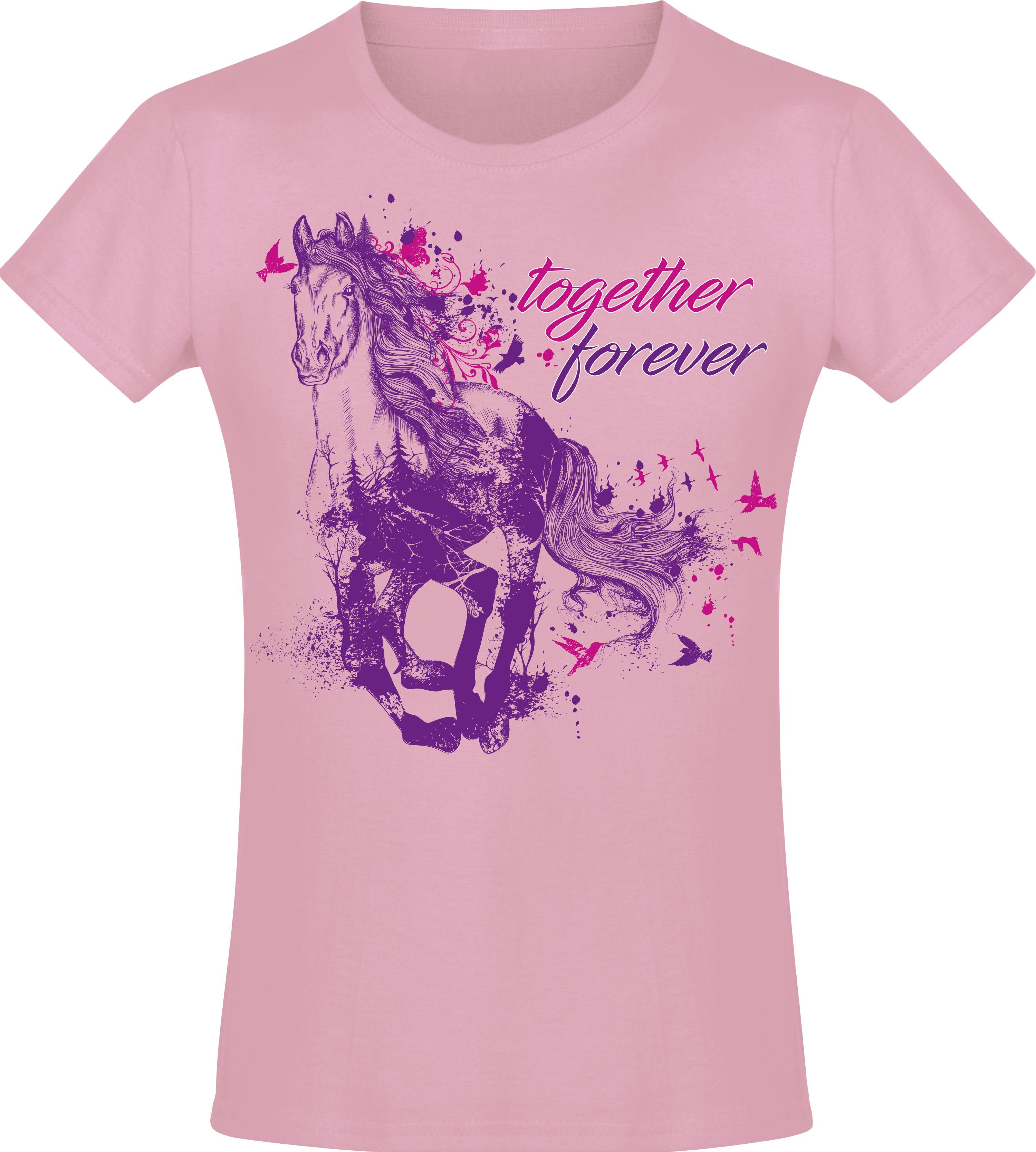 Siebdruck, - Baumwolle Geschenk Forever Print-Shirt Reiten, hochwertiger Pferde - Geburtstag aus Together T-Shirt Mädchen Baddery