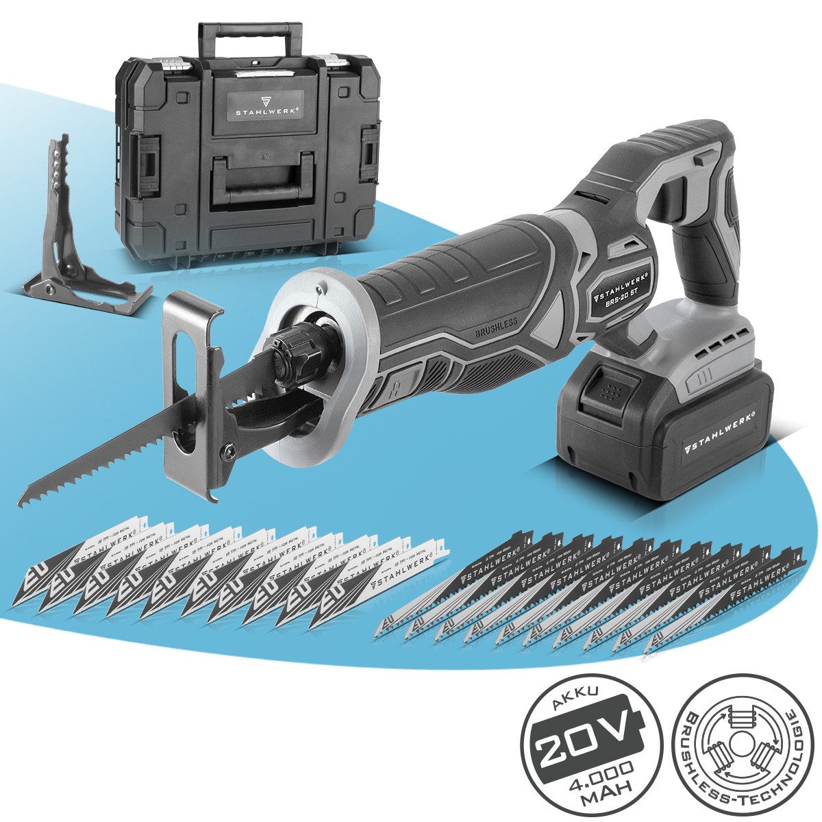STAHLWERK Akku-Säbelsäge Akku-Säbelsäge BRS-20 ST mit 20 Volt, 20er Set Ersatzklinge, Packung, 1-St., Akku (4.0Ah), inkl. Akku und Ladegerät