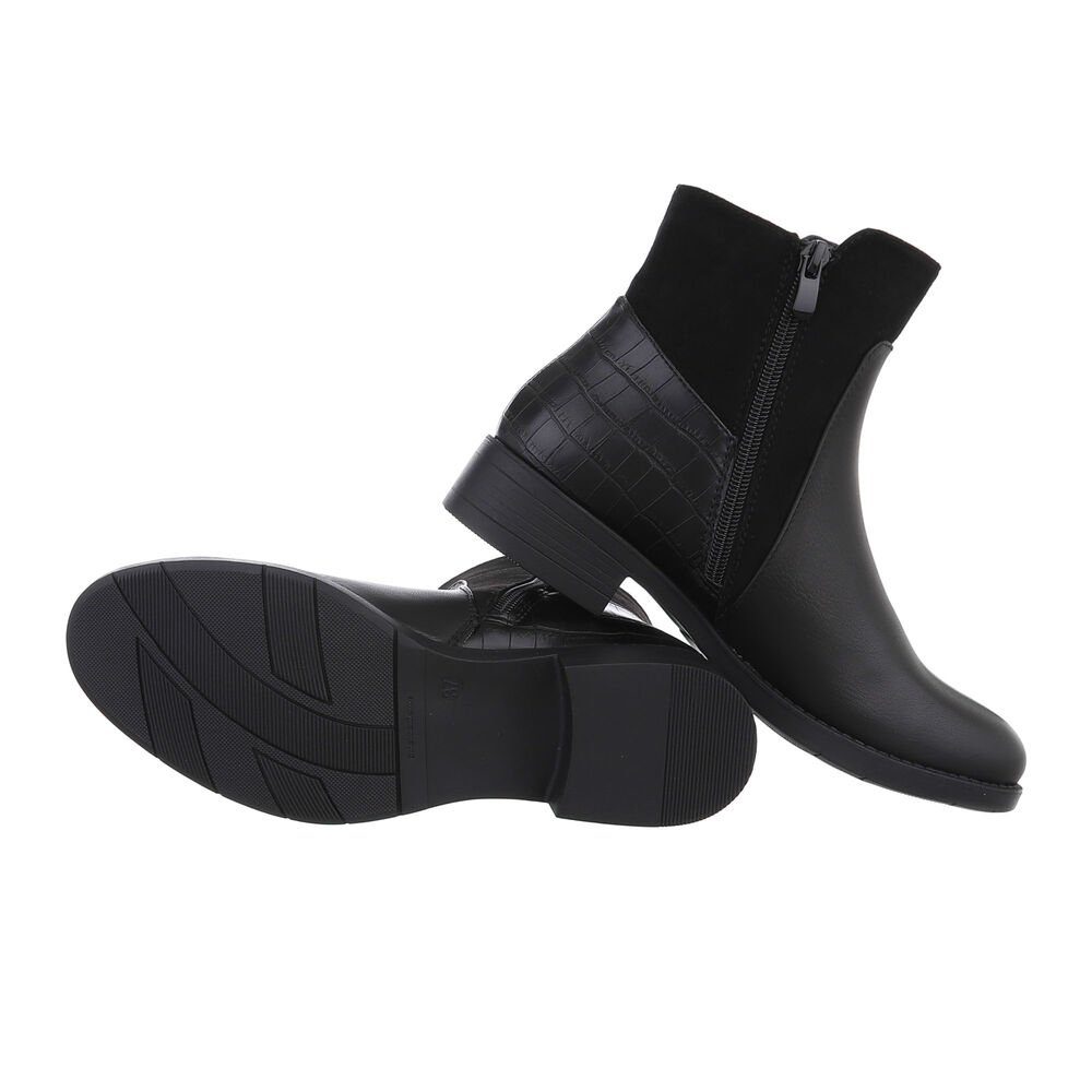 Flache Stiefeletten Stiefelette Ital-Design Damen Elegant Blockabsatz in Schwarz