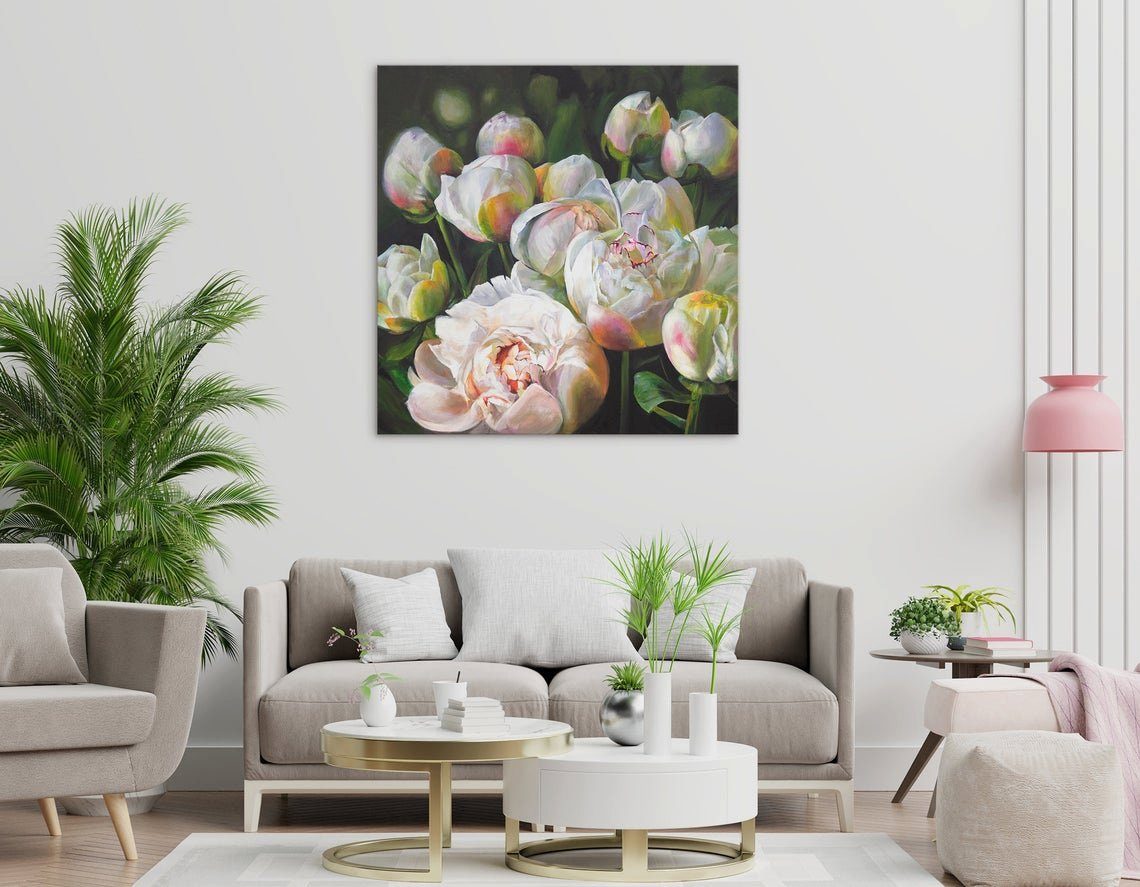 YS-Art Gemälde Blumen Wohlstand, Leinwand Handgemalt Bild Pfingstrosen Blumen