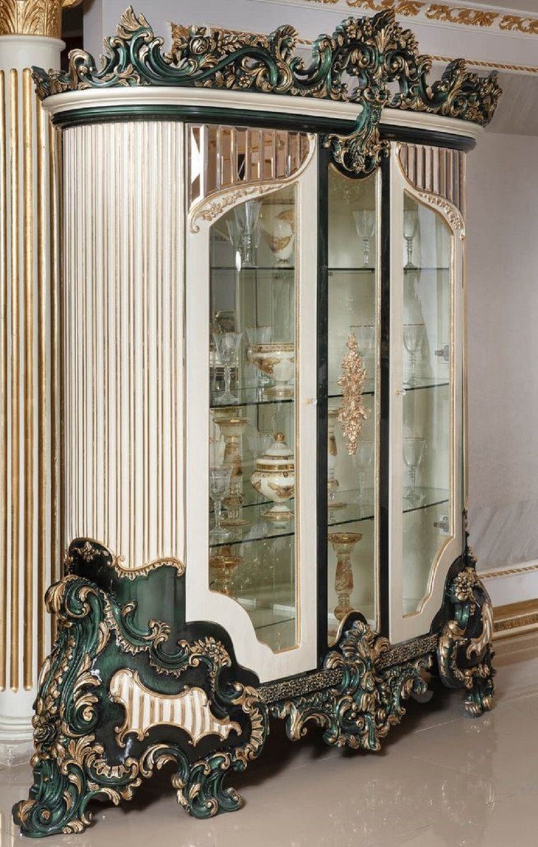 Casa Padrino Vitrine Luxus Barock Vitrine Weiß / Grün / Gold - Prunkvoller Massivholz Vitrinenschrank mit 2 Glastüren - Barock Möbel - Edel & Prunkvoll
