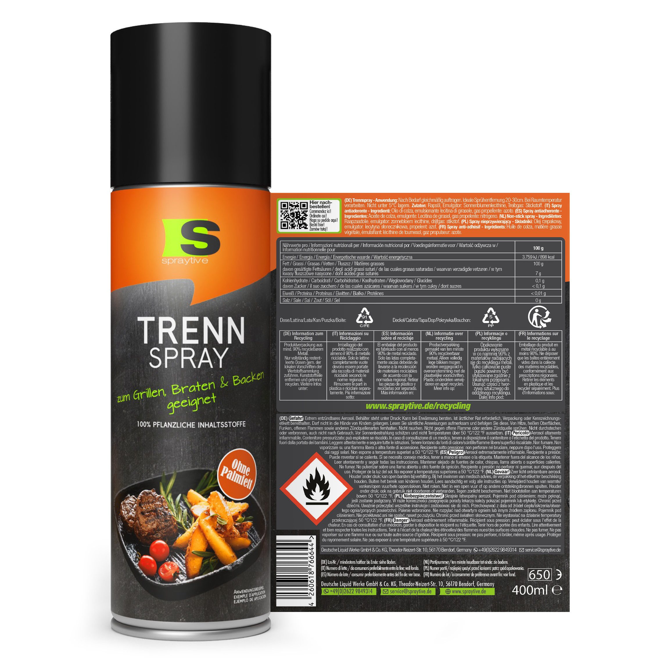 Spraytive Speiseöl 1x 400ml BBQ Trennspray – Antihaftspray fürs Grillen, Braten & Backen, Made in Germany