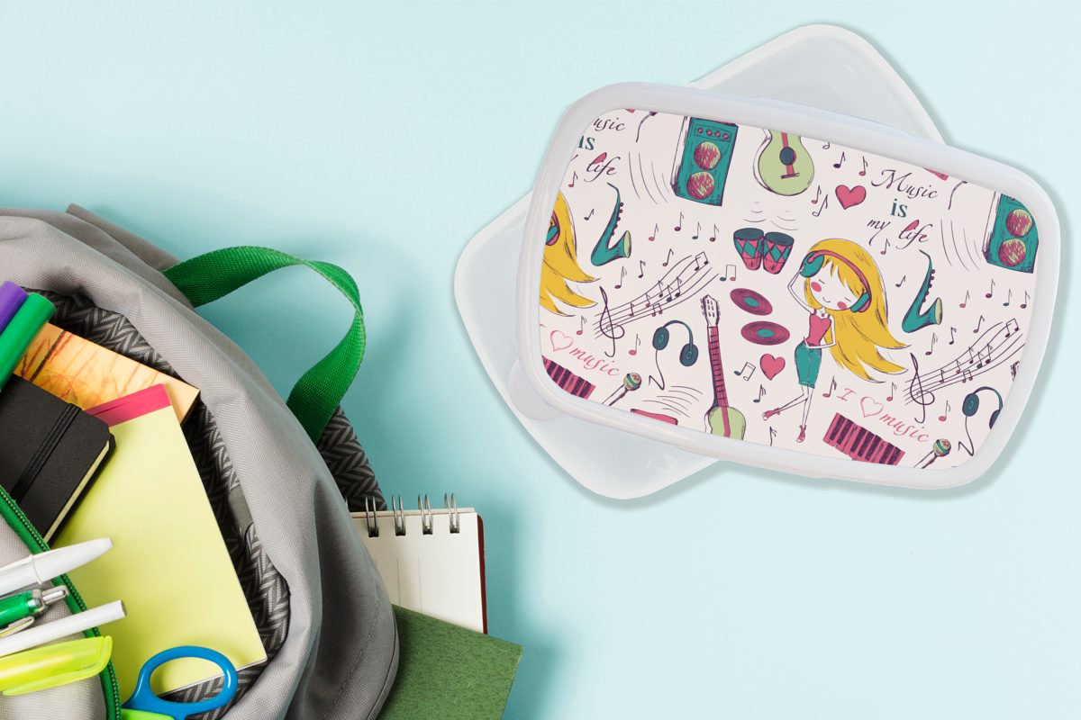 MuchoWow Lunchbox Mädchen - Musik Erwachsene, - - - Mädchen - Kunststoff, für Brotbox Kinder Muster für und - Brotdose, Kinder (2-tlg), Mädchen - Kopfhörer weiß und Jungs Kind, Rosa