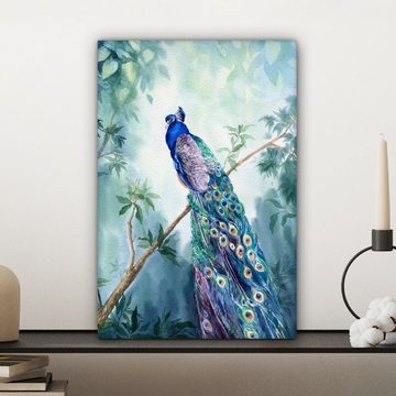 OneMillionCanvasses® Leinwandbild Pfau - Pfauenfedern - Grün - Tiere, (1 St), Leinwandbild fertig bespannt inkl. Zackenaufhänger, Gemälde, 20x30 cm