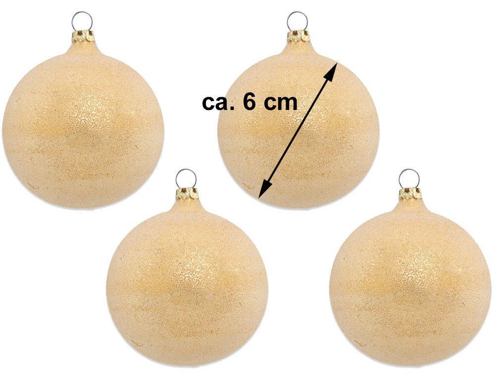 Thüringer Glasdesign Weihnachtsbaumkugel Perlentau Gold Ø 6 cm (4 Stück) - Glas Christbaumkugeln Made in Germany (4 St), Mundgeblasen