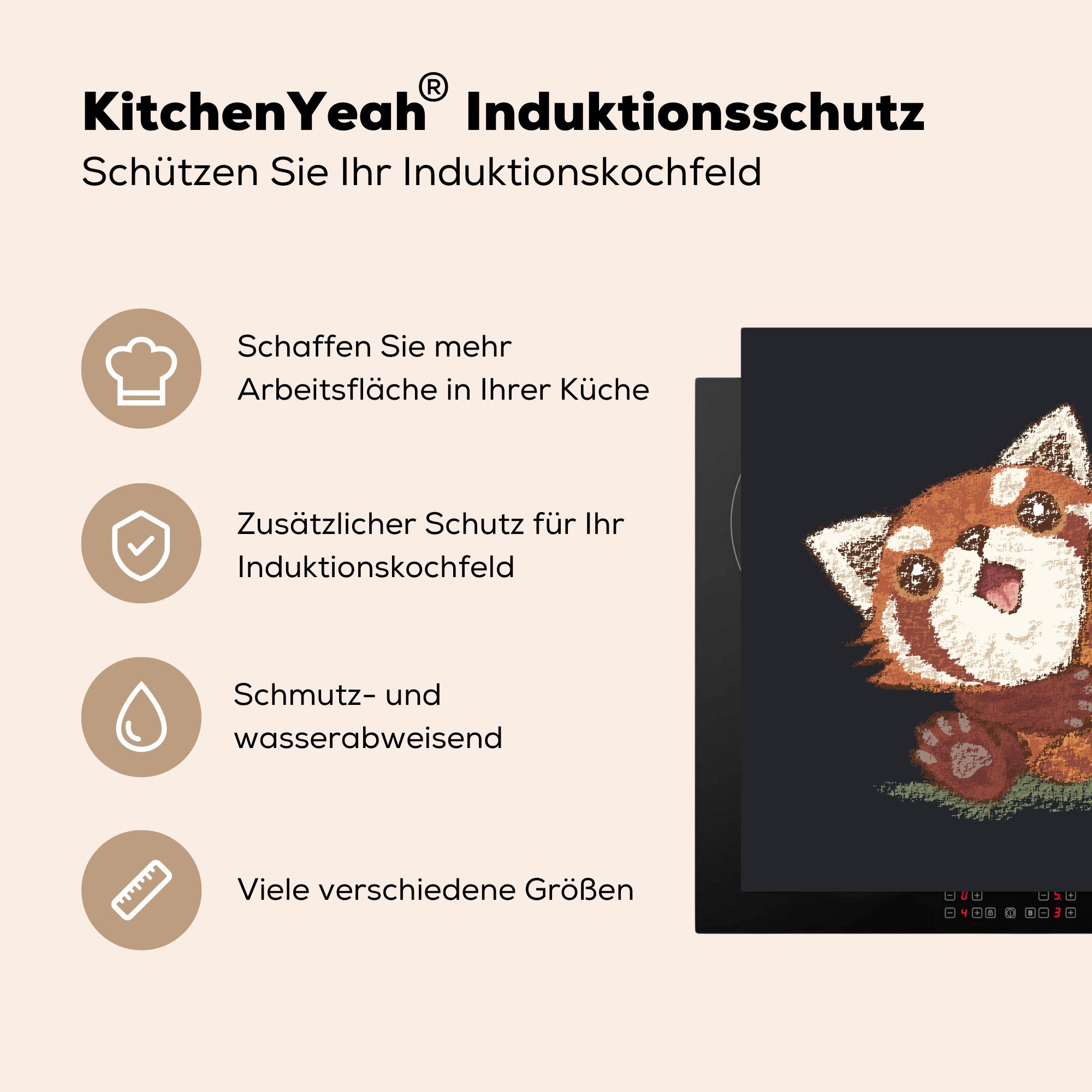 MuchoWow Herdblende-/Abdeckplatte Illustration eines Vinyl, seinem (1 tlg), Pandas 78x78 Schwanz, Arbeitsplatte für mit Ceranfeldabdeckung, cm, roten küche