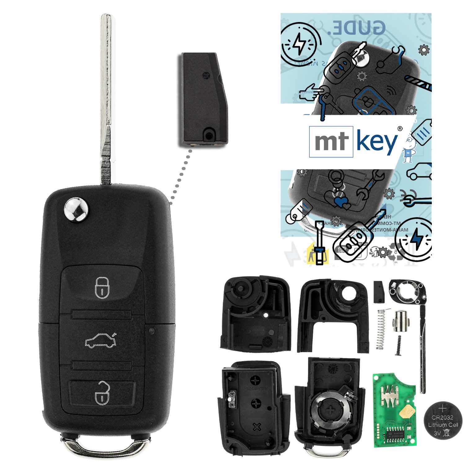 mt-key Schlüsseltasche Auto Funk Schlüssel Fernbedienung 434MHZ Sender ID44 (Set), für Seat Arosa (6HS, 01–04)