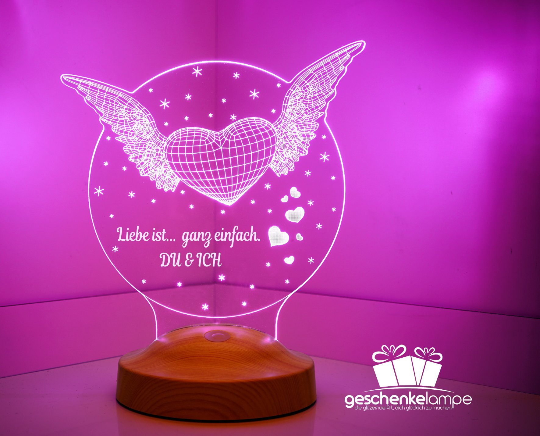 Geschenkelampe Nachttischlampe Fliegendes Herz 3D mehrfarbige Nachtlicht Hochzeitsgeschenk, Leuchte 7 Farben fest integriert, Geschenk für Ehefrau, Partner, Freundin