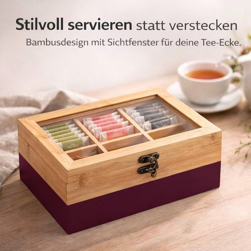 Neustanlo Aufbewahrungsbox Teebox aus FSC Bambus mit Sichtfenster, 6 Fächer, 21,5x15x8,5 cm, Retro Verschluss, Beere Natur