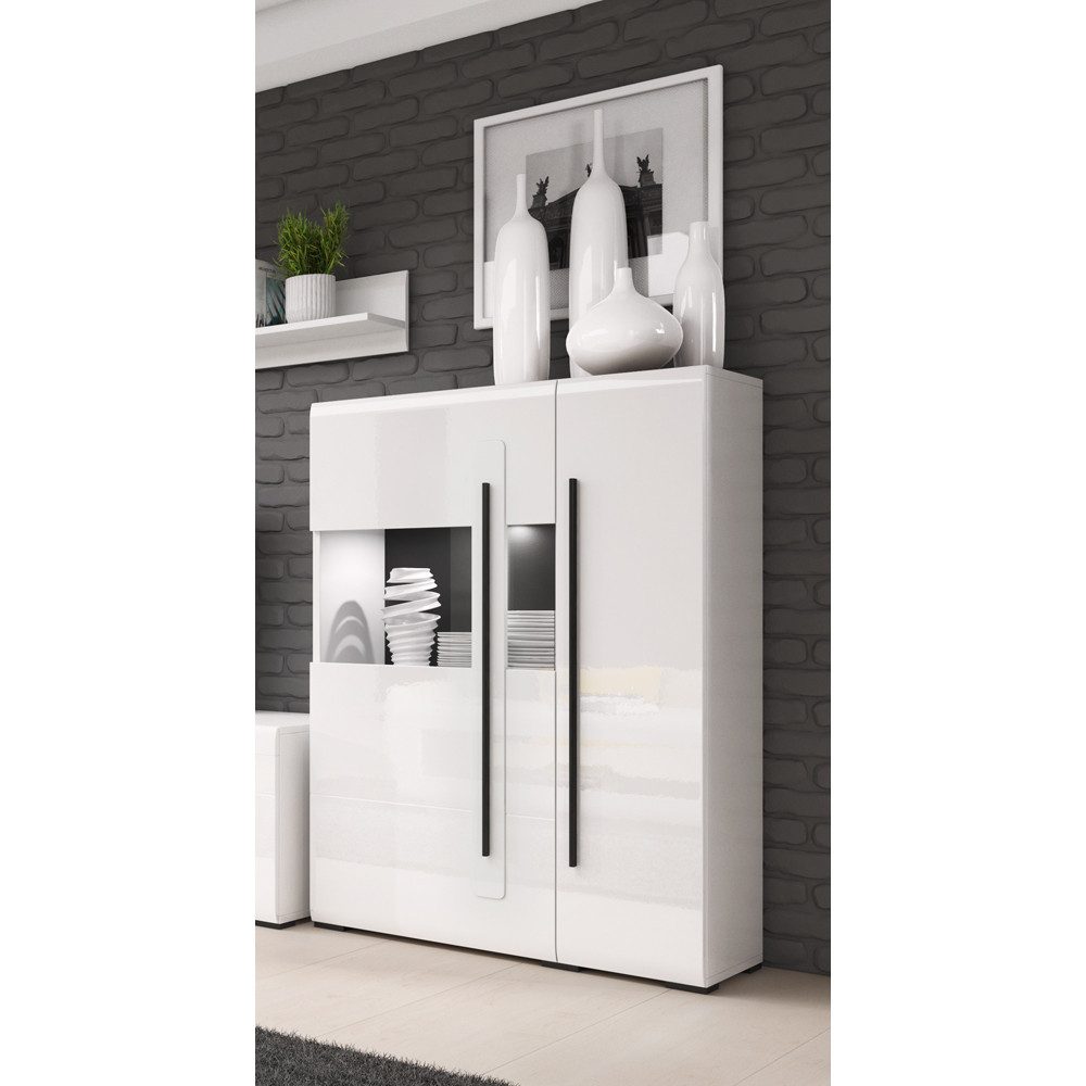 Lomadox Highboard TURDA-83, weiß beleuchtet mit Absetzungen in schwarz, B/H/T: ca. 90/136/39 cm