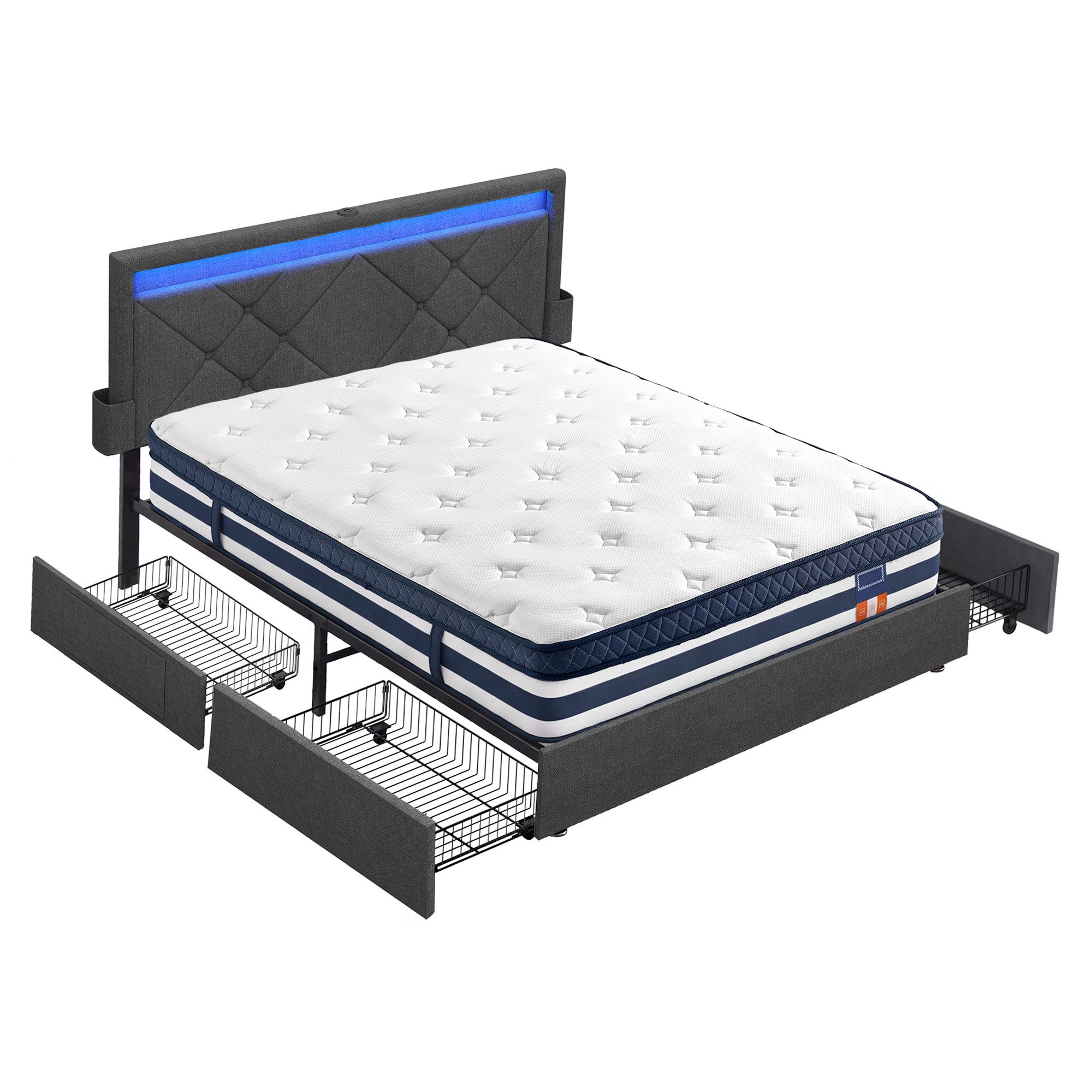 VASAGLE Polsterbett inkl. ergonomischer Matratze, mit LED(25 Farben), USB, 4 Schubladen, 140x200 cm, 4 Schubladen, USB, H3
