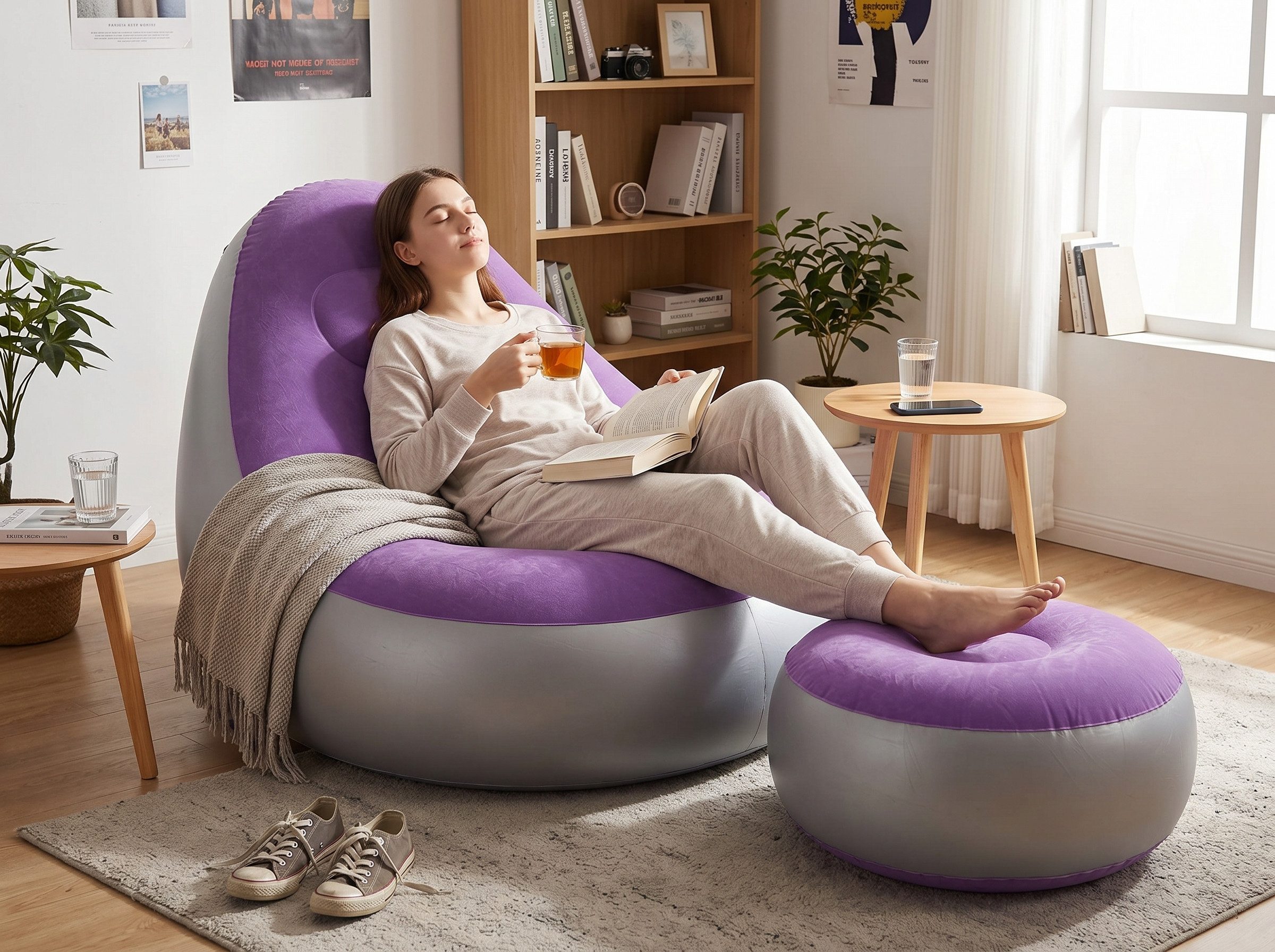 GARRYFIZH Sitzsack Aufblasbares Sofa Set mit Hocker, Relaxsessel beflockt, Lila (Set, Sitzsack), Fußpedal