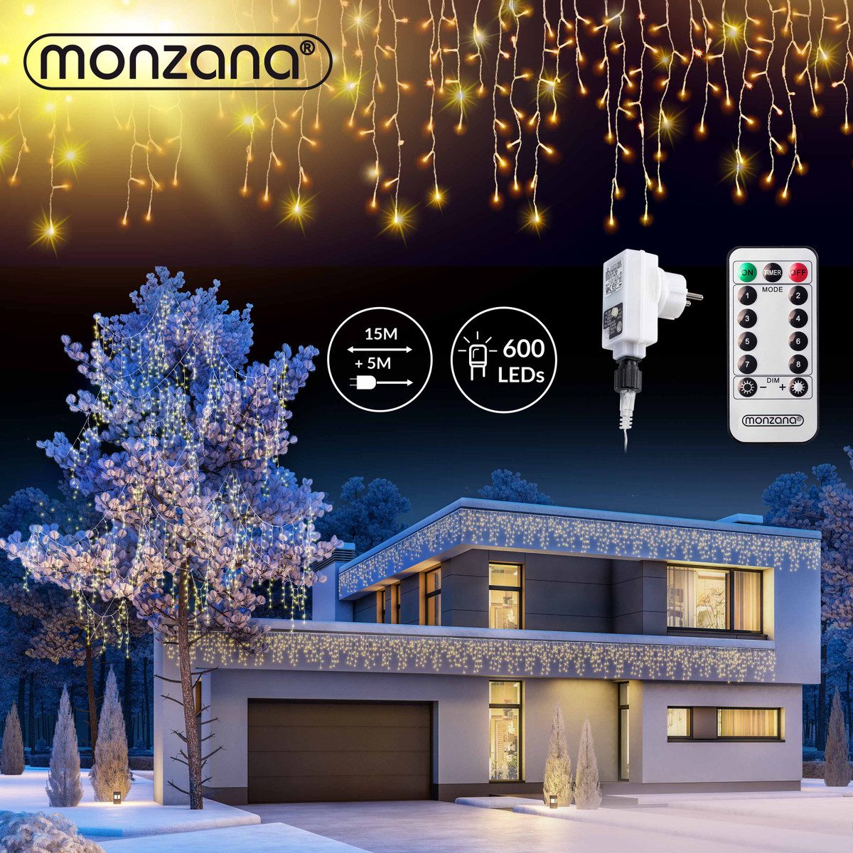 monzana Lichterkette Deuba, Regenlichterkette Fernbedienung 20 m 600 LED warmweiß