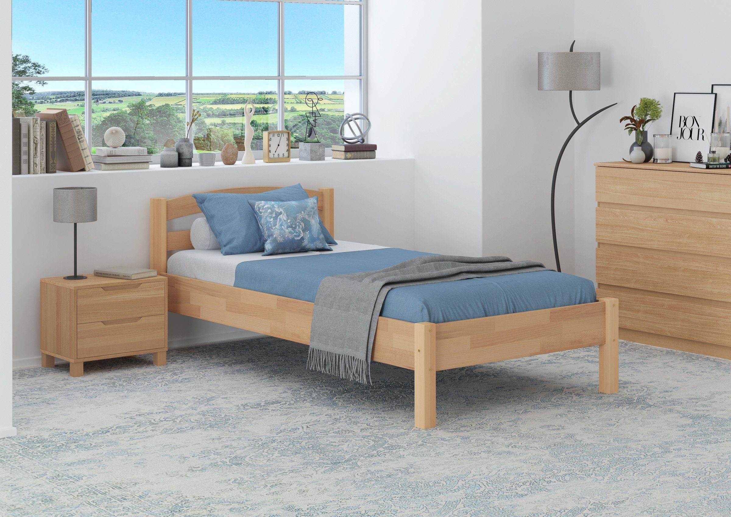 ERST-HOLZ Bett Einzelbett hoch Buche massiv Federleisten, lackiert Buchefarblos 100x200 mit