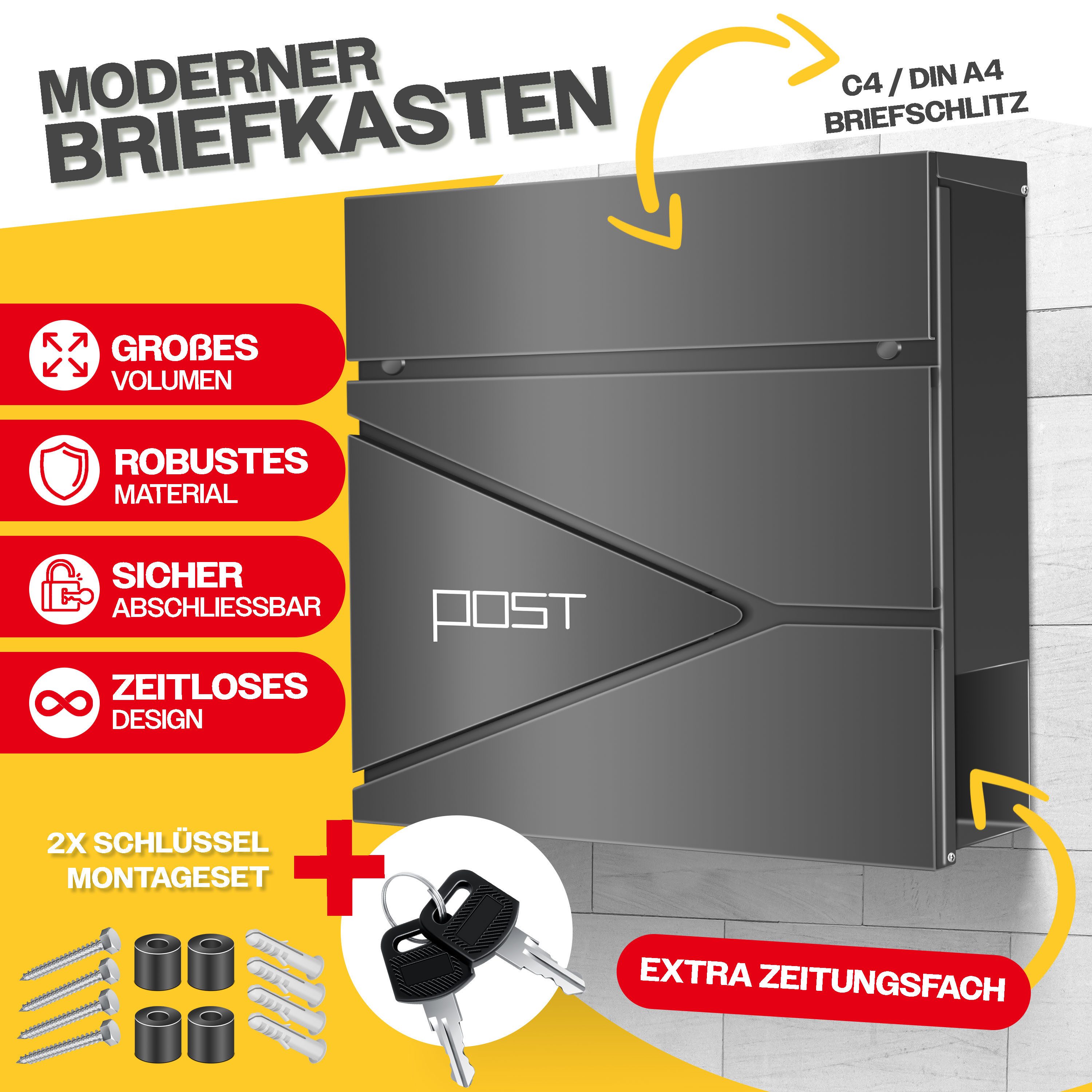 KESSER Briefkasten, mit Zeitungsfach Wandmontage Wandbriefkasten Edelstahl