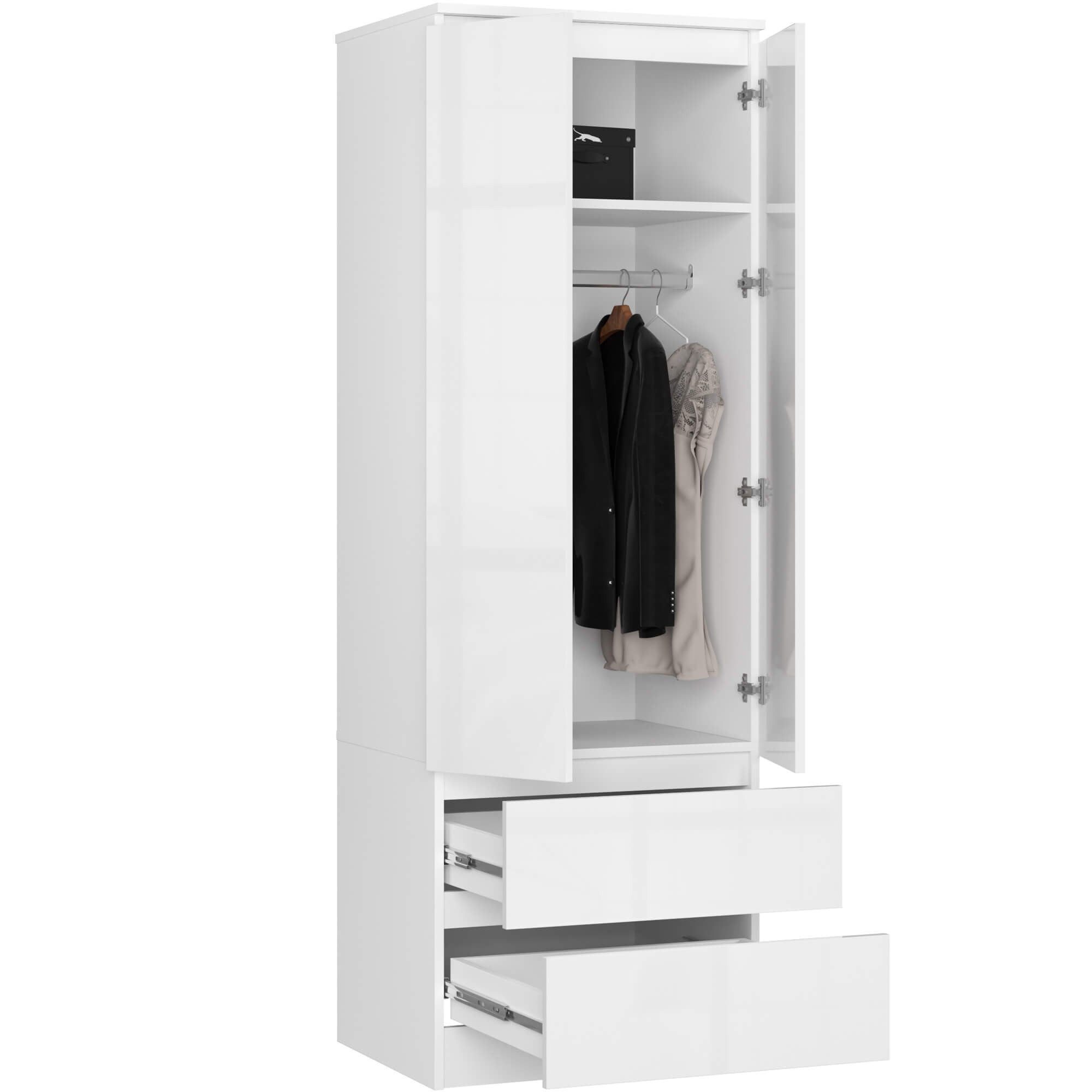 Raumhirsch Furniture Kleiderschrank Weiß Hochglanz - Zeitloses Design - Garderobenschrank Kleiderschrank mit 3 Türen & 2 Schubladen, Soft-Close, Stauraum