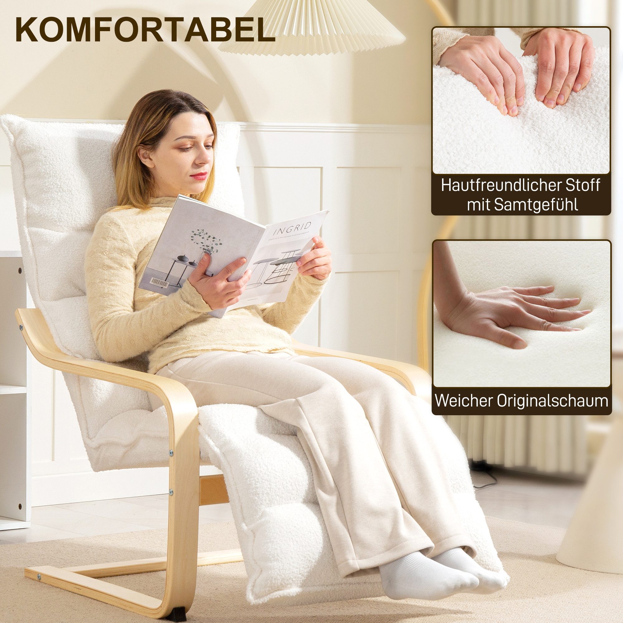 HOMCOM Relaxsessel Loungesessel mit Stoff in Samtoptik, mit Armlehne, Schwingstuhl (gepolsterter Relaxsessel mit verstellbarer Fußstütze, 1-St., moderner Sessel – Bild 4 von 5